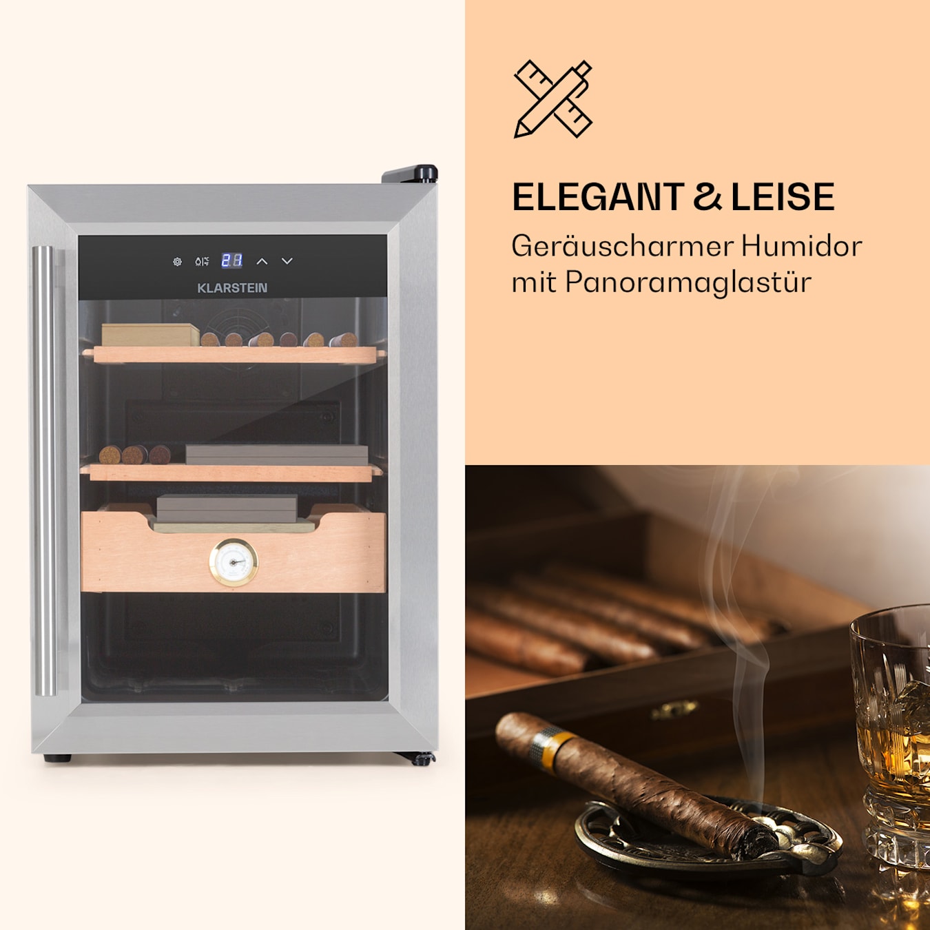 Klarstein El Presidente 37 Cave à cigares, Thermoélectrique, Porte en  verre, Autonome, 2 clayettes et un tiroir en bois de cèdre, 37 litres, Hygromètre