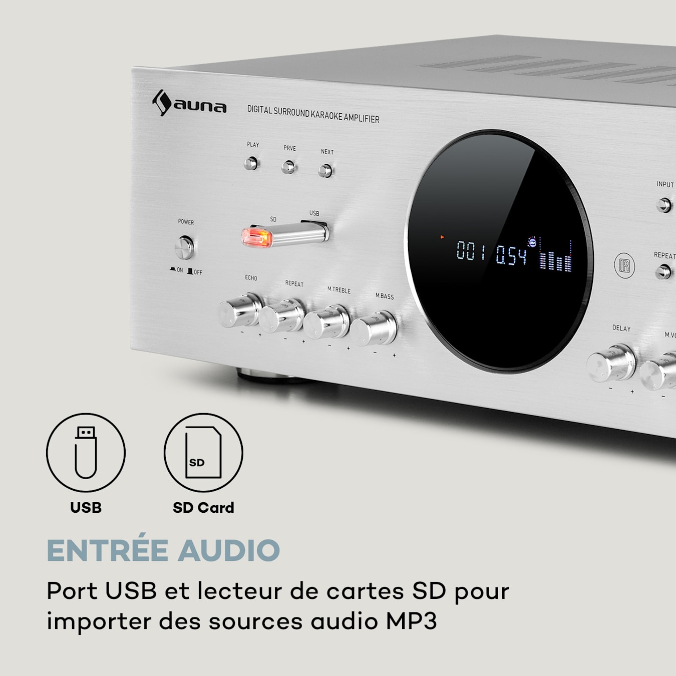 AMP-218 Amplificateur surround BT Digital 5.1, Puissance de sortie : 2 x  120 watts + 3 x 50 watts RMS, Amplificateur Bluetooth, Tuner FM et  connexion d'antenne, USB / SD, AUX-In, DVD-In