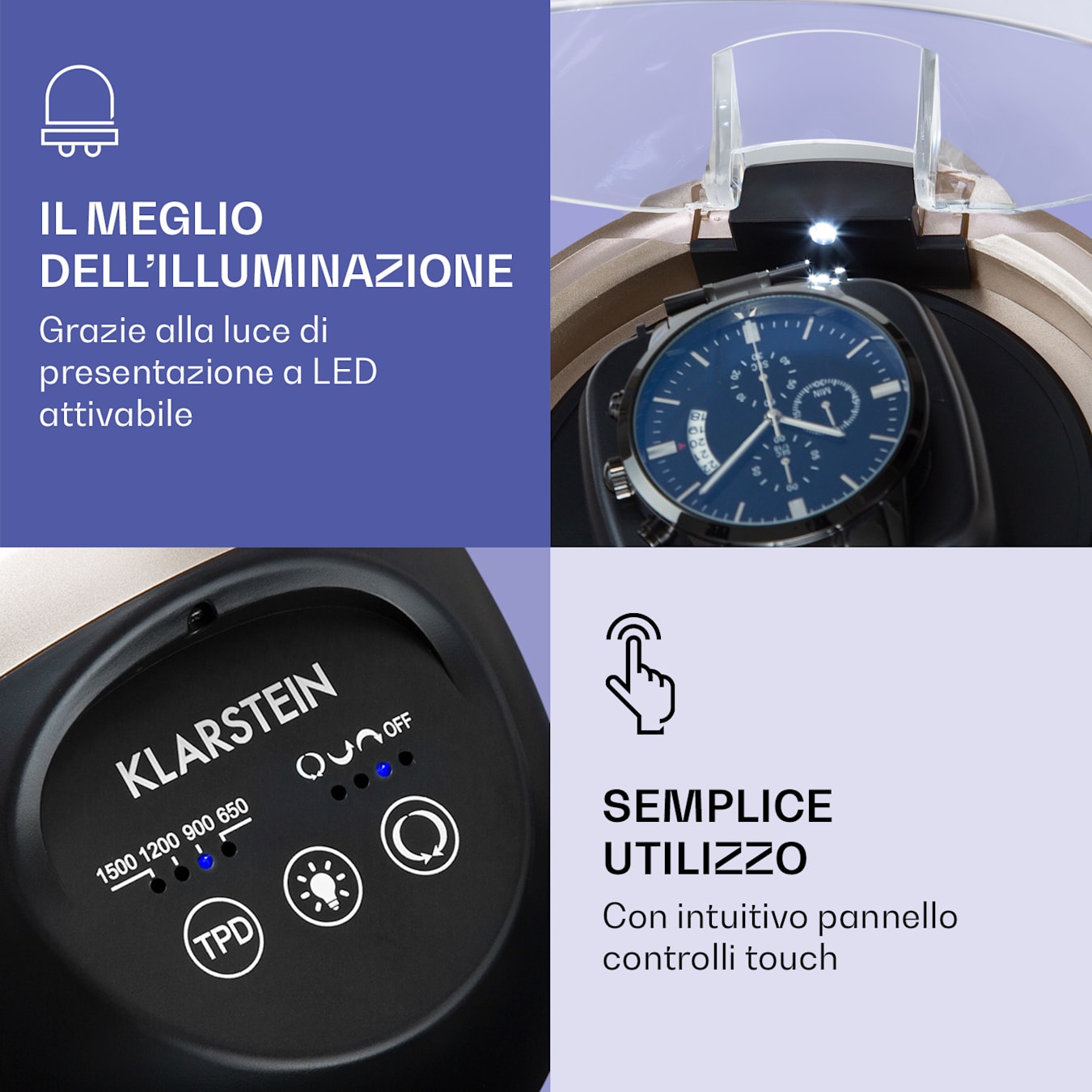 St. Gallen ll Portaorologi, Rotazione in senso orario/antiorario o  bidirezionale, 4 programmi: 650/900/1200/1500 TPD, Illuminazione LED  attivabile, Pannello di controllo touch