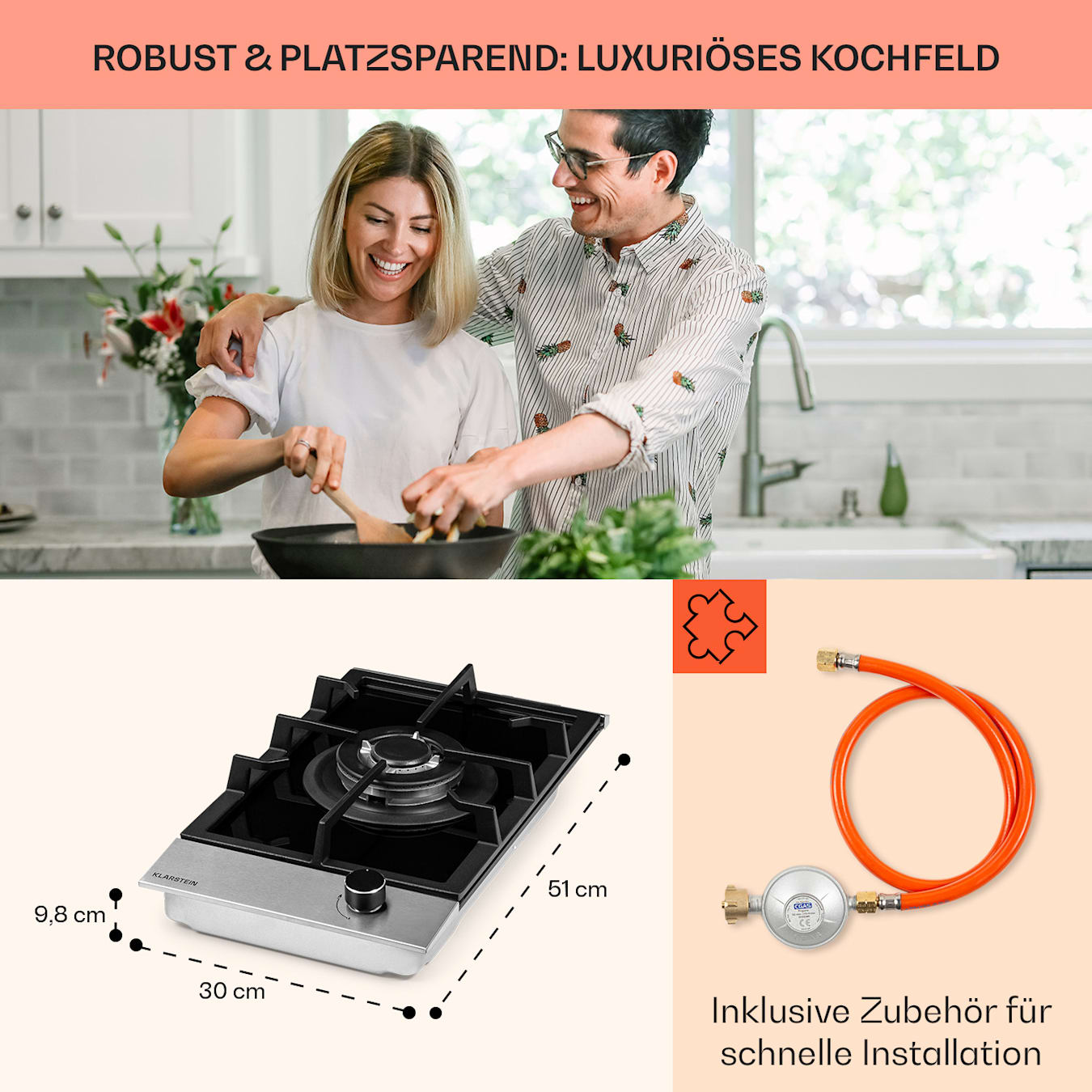 Alchemist Gaskochfeld, 1 x Wokbrenner, autark, 30 cm, Einbau, Aluminium-Brenner, Erdgas/Butangas, Edelstahl, automatische Abschaltung, Topfträger aus Gusseisen, Glaskeramik