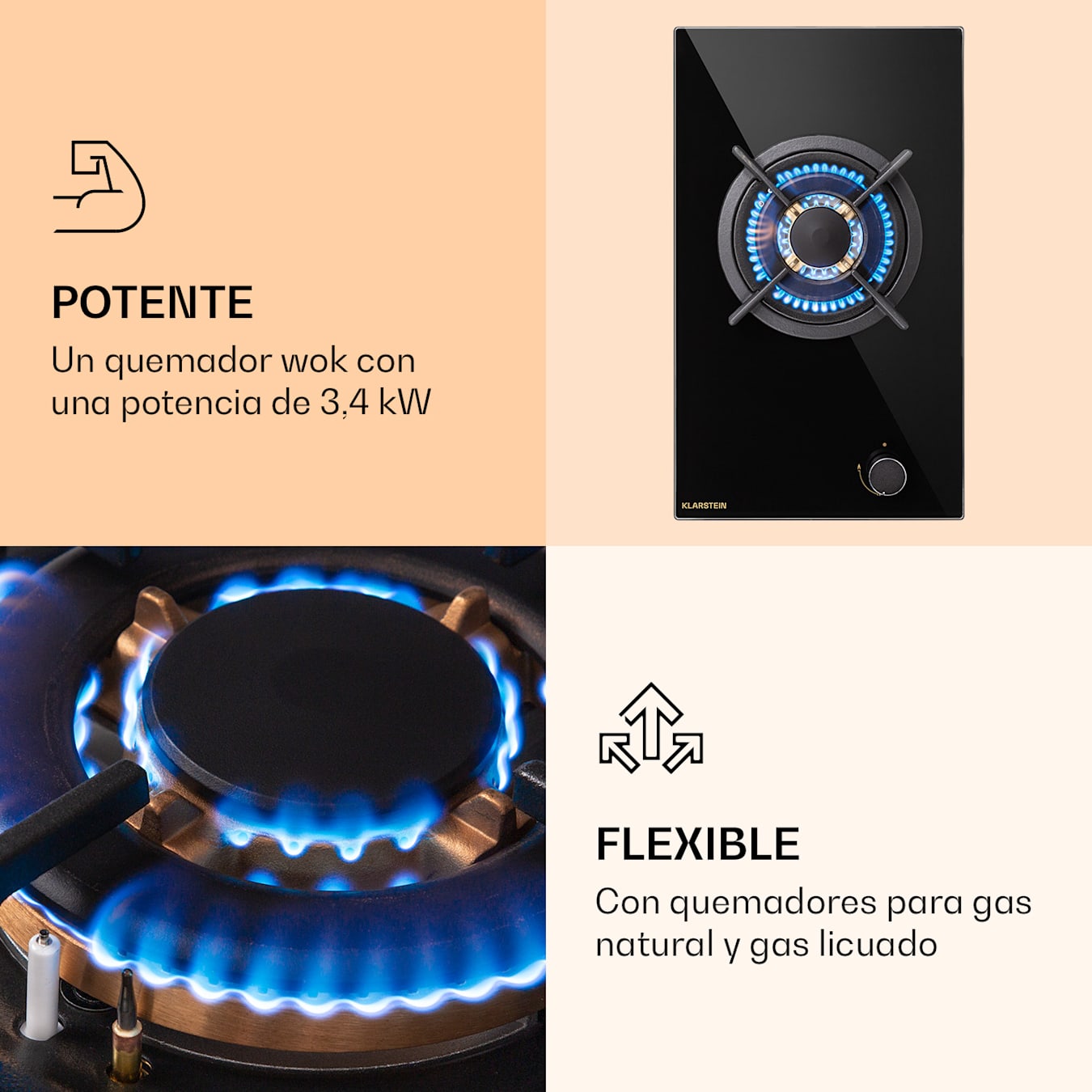 Placa de gas Goldflame, 1 x quemador Wok, autosuficiente