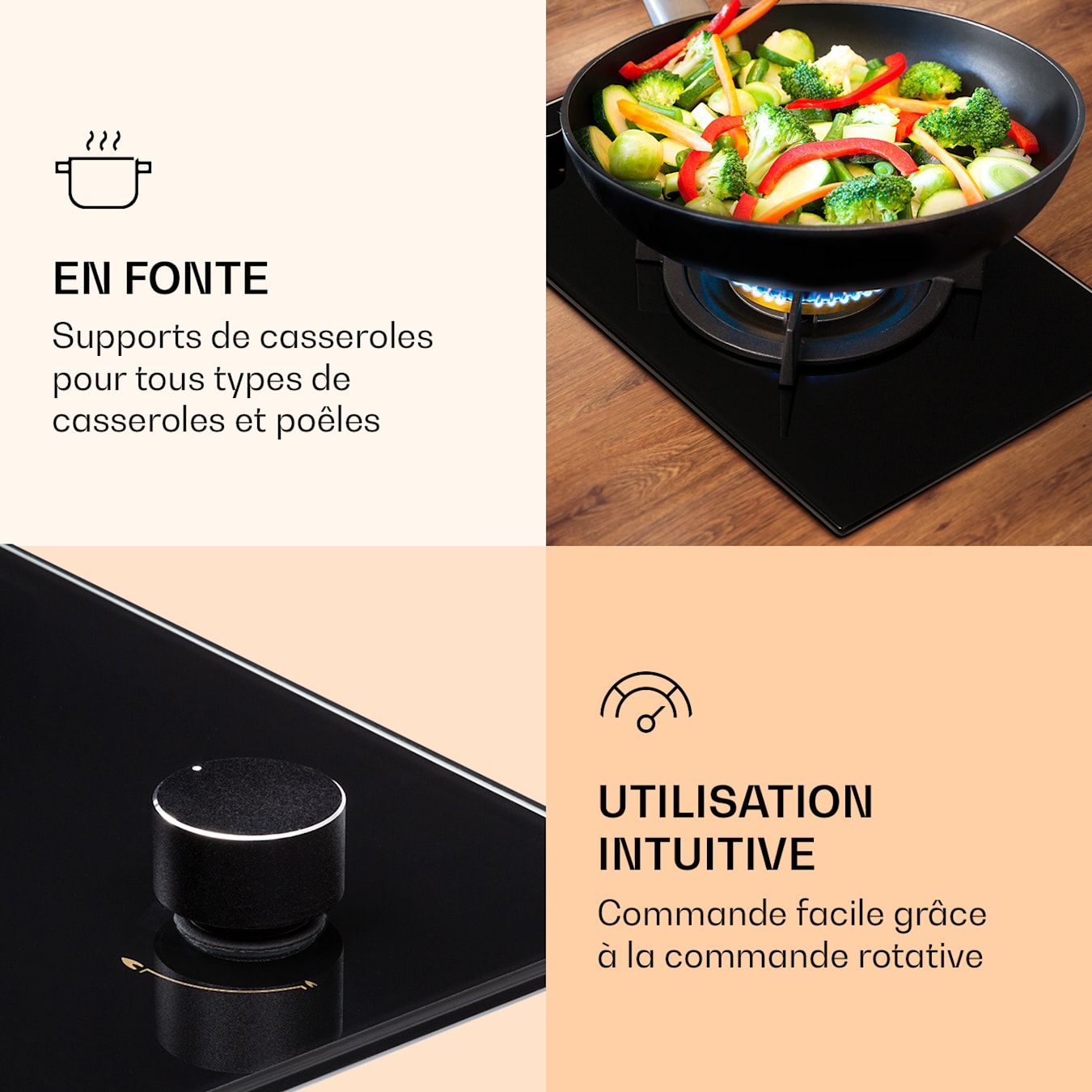 Plaque de cuisson à gaz Goldflame, 1 x brûleur wok, autonome, 30 cm, encastrée, gaz naturel/gaz butane, soupape de sécurité, arrêt automatique, support de poêle en fonte