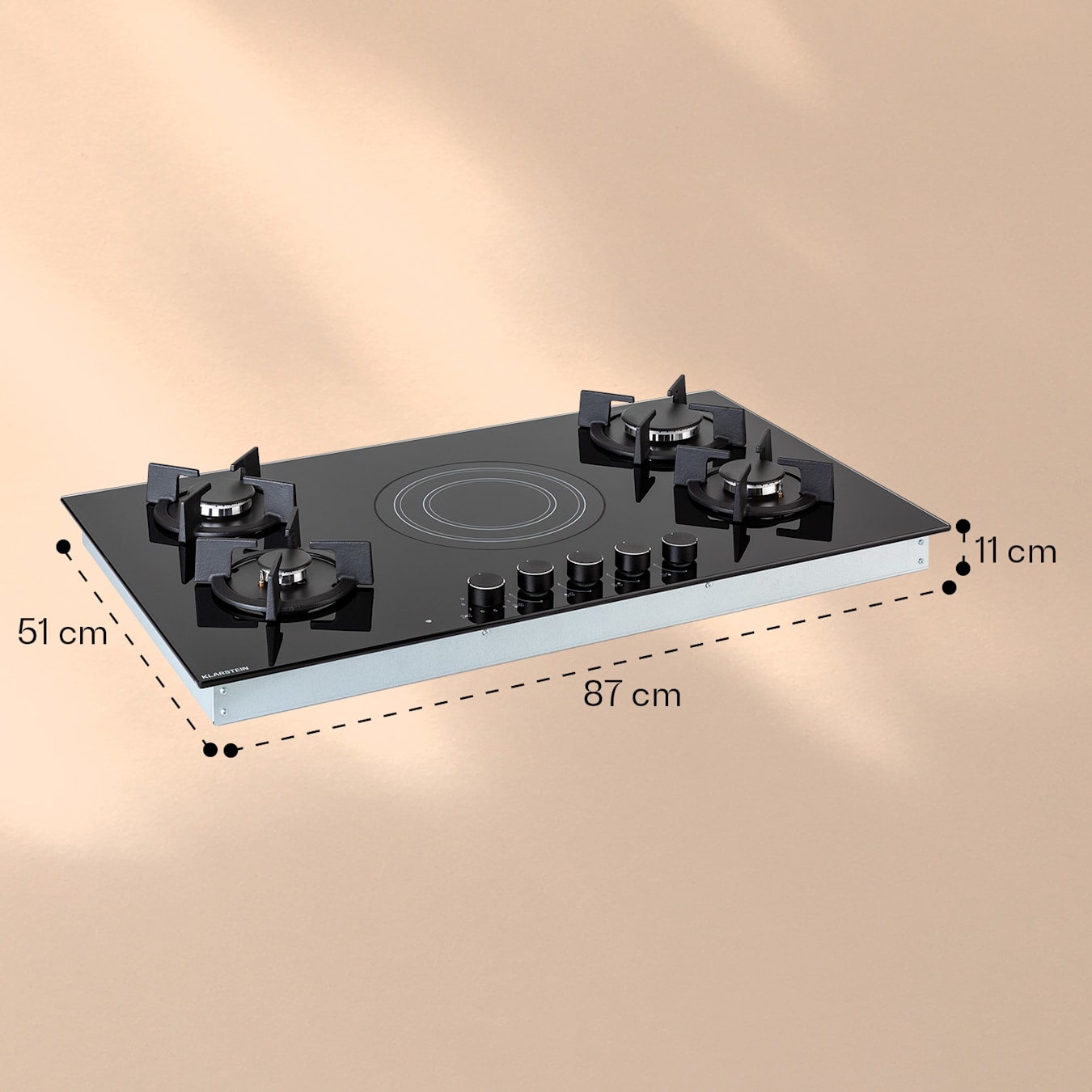 MultiChef 5 Piano cottura a gas combinato, Gas e vetroceramica, 87x11x51cm, Autarchico, 5 zone: 4 a gas 1 in vetroceramica, 9,2 kW, Da  incasso, Manopole rotanti, 9 livelli di potenza