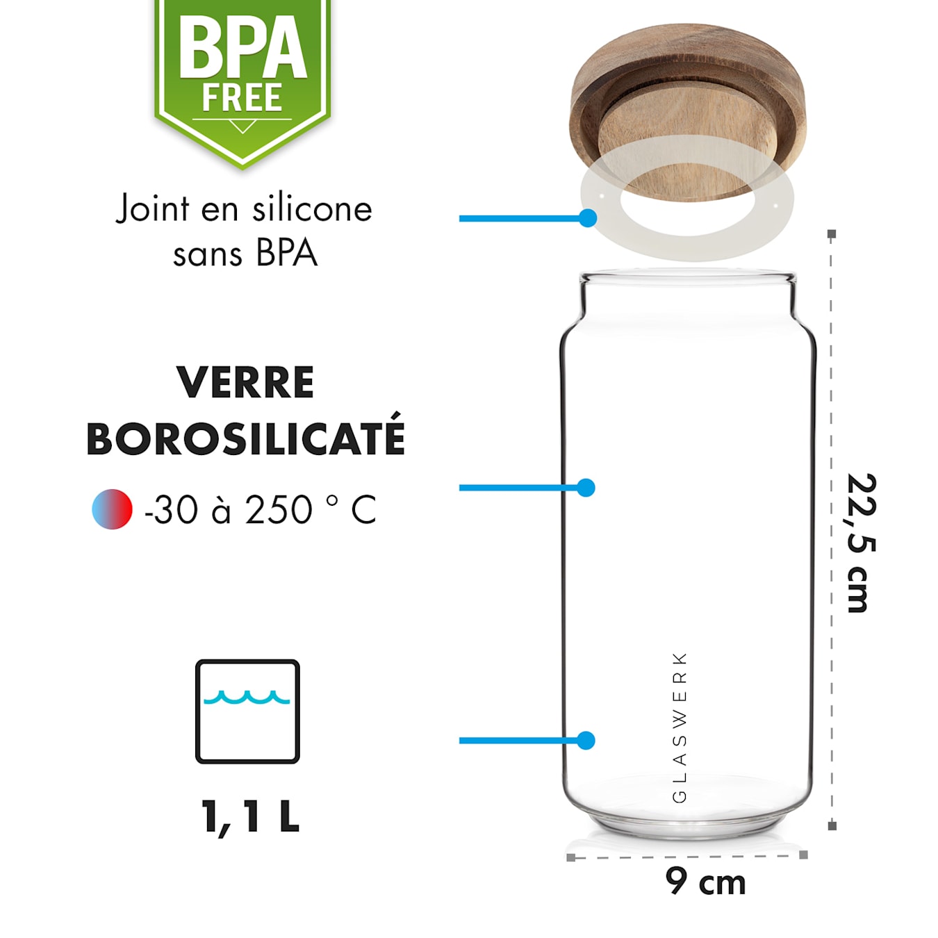 BOCAL VERRE+ACACIA HERMETIQUE 1L 