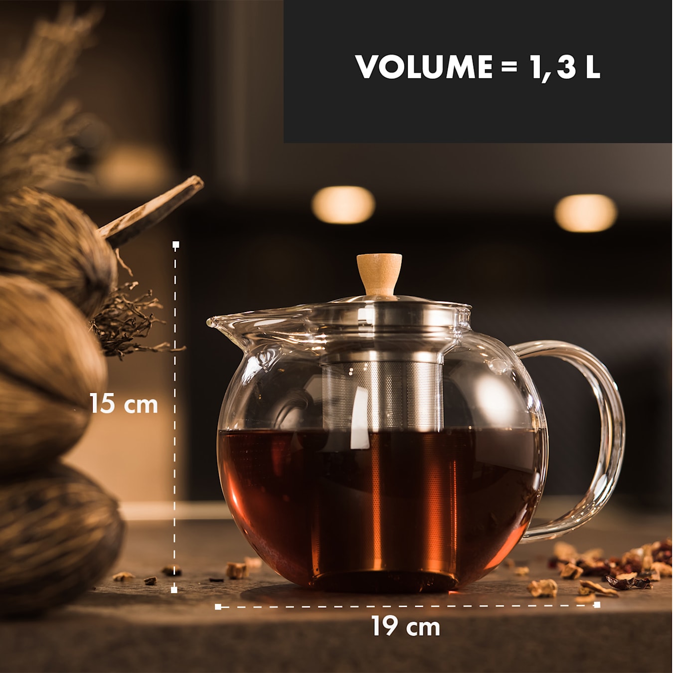 Sencha, teiera, 1,3 l, colino d'acciaio inox, vetro borosilicato, coperchio  1,3 Ltr