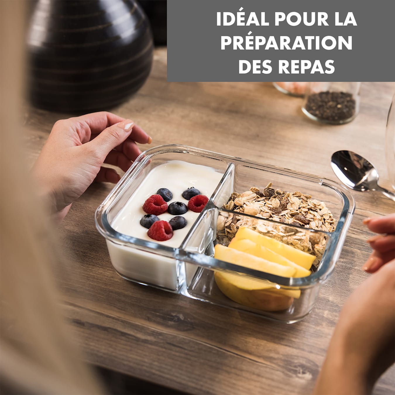 Boîte Repas Verre | 3 Compartiments Avec Couverts | Lunch Box | Lunchbox  Verre | Boîtes Alimentaires En Verre，suitable for Microwave and Dishwasher  /