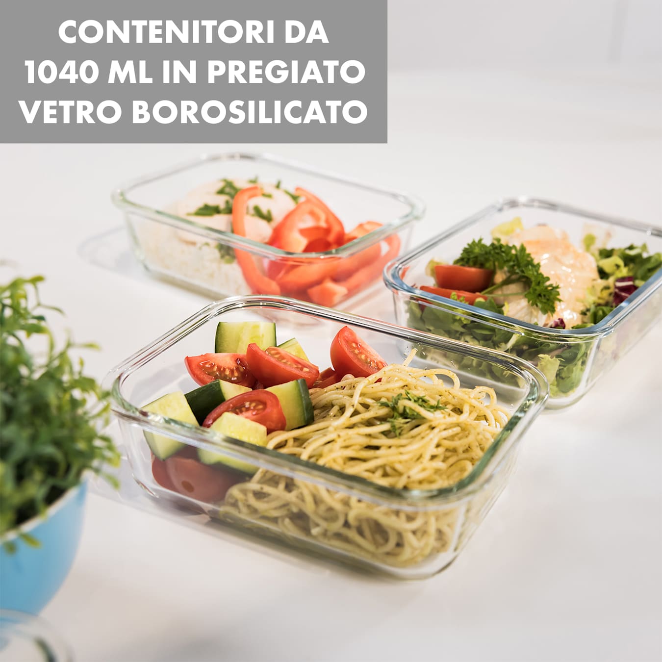 Jardine, contenitori salvafreschezza, set 3 pezzi, senza divisorio, 1040 ml,  vetro borosilicato, coperchio