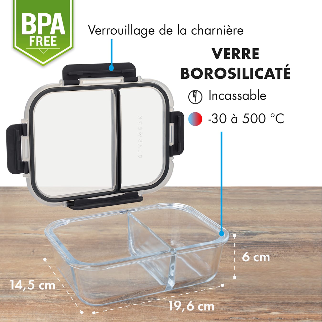 Jardine boîtes de conservation lot de 3, 2 compartiments 1040 ml couvercle  en verre borosilicaté