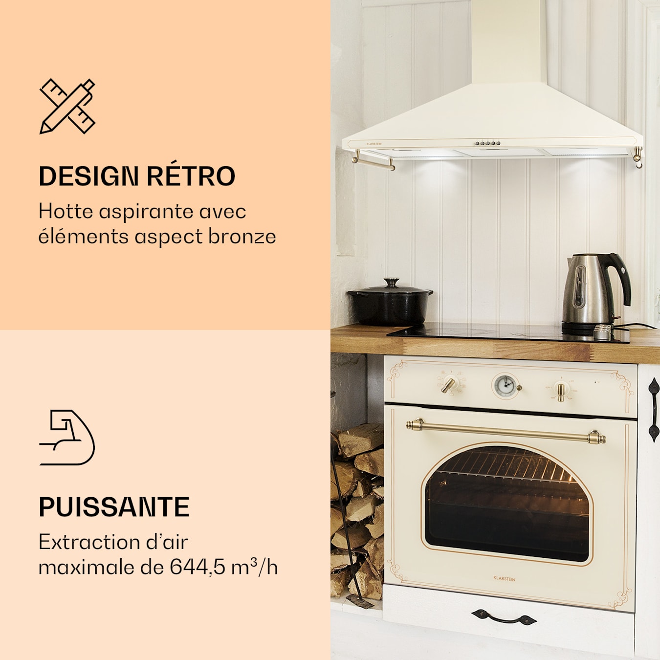 Hotte Victoria 90 Retro, 90 cm, puissance d'évacuation : 645 m³/h, rampe, 3 niveaux de puissance, 2 lampes LED, 2 filtres à graisse en aluminium, Classe d'efficacité énergétique : C