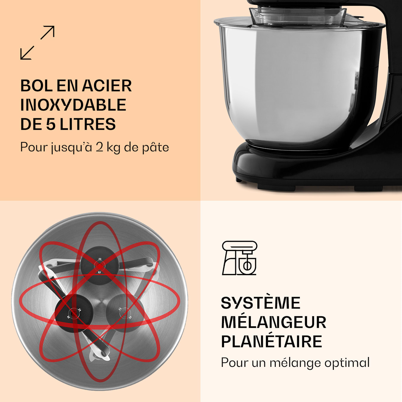 Robot de Cuisine Multifonction 1300W avec Bol d'Acier 5,5L Accessoires  Inclus Noir - Costway