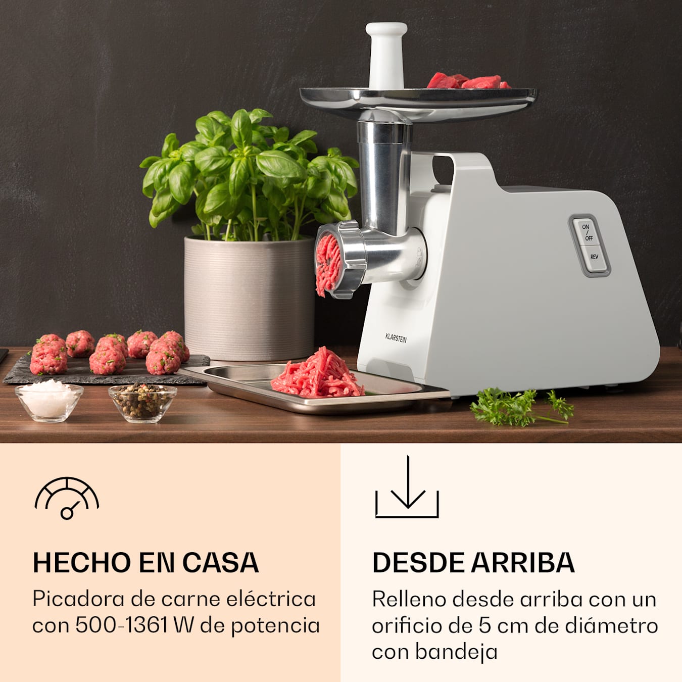 Picadora de carne eléctrica Mighty Mince, 500 - 1361 Watt, Carcasa de  plástico, 3 discos perforados de acero, Cabezal, sinfín y tubo de  alimentación de acero inoxidable