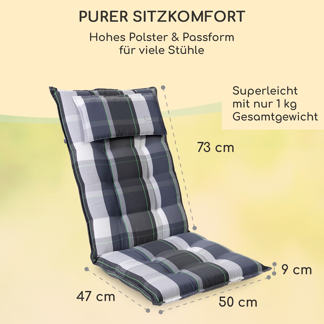 Sylt Polsterauflage Sesselauflage Gartenstuhl-Auflage Hochlehner |  Polyester | 50 x 120 x 9 cm | abnehmbares Kopfpolster | OEKO-TEX® Standard  100 | UV-beständig | Halteband & Kordeln | grau 2 x Sitzauflage | Blau /  Weiß