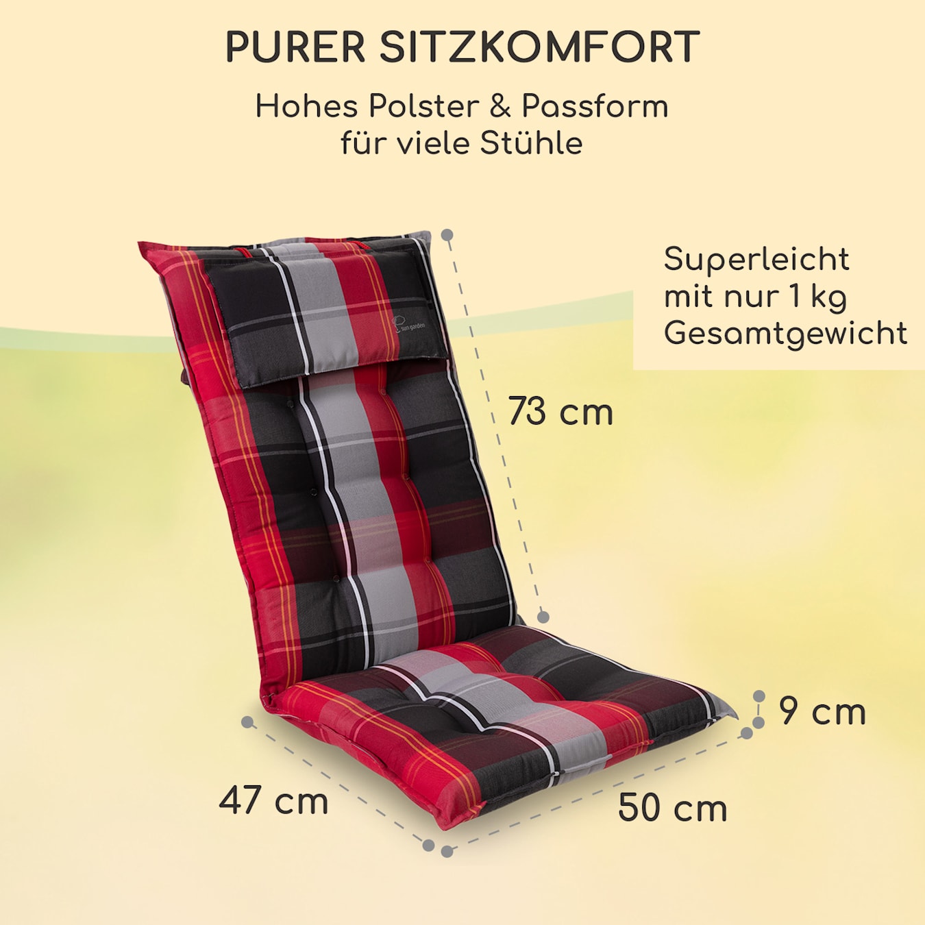 Sylt Polsterauflage Sesselauflage Gartenstuhl-Auflage Hochlehner 9 | UV-beständig Polyester abnehmbares | & 50 Sitzauflage | 100 | x | Halteband cm Rot | x 4 Kordeln | Kopfpolster OEKO-TEX® / 120 Standard | Schwarz grau x