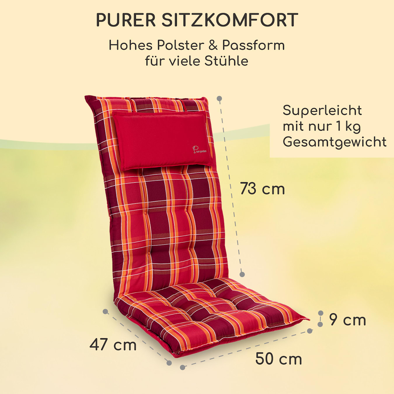 | Kopfpolster Polsterauflage & 120 Standard Hochlehner x | kariert Halteband Gartenstuhl-Auflage OEKO-TEX® Sesselauflage 100 | x Polyester 4 abnehmbares | | | Sylt Rot UV-beständig x cm | Kordeln Sitzauflage grau | 50 9