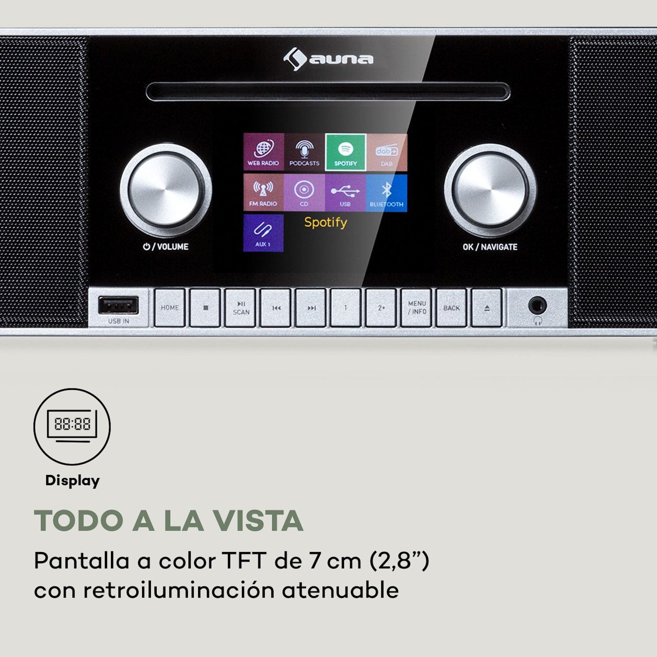 auna Connect 120 MKII Radio de internet Reproductor multimedia, Altavoces  estéreo 2.0, Pantalla TFT de color de 2,8, Bluetooth, WLAN, DAB/DAB+/FM, USB, Entrada y salida AUX, App UNDOK