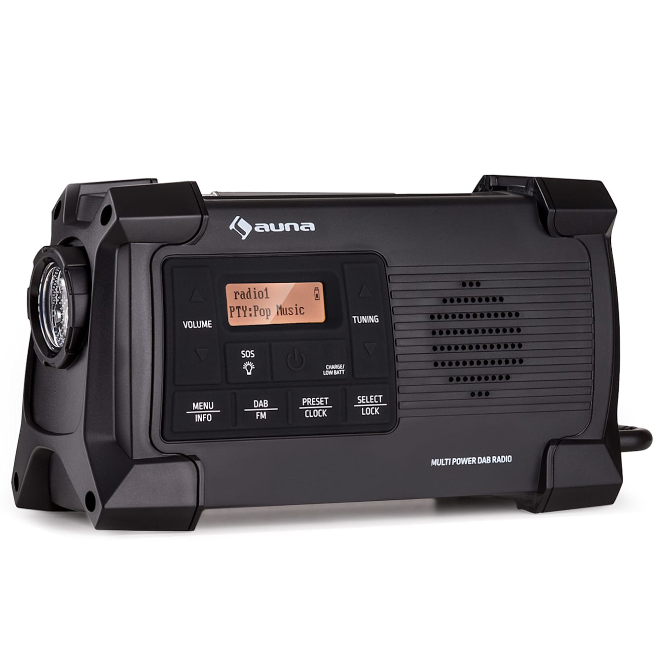 Patagonia DAB+ Outdoor-Radio Kurbelradio Solar-Radio, Radio: DAB+ / FM, Akku mit Kurbelaufladung, USB-Aufladung, Mini-USB-Anschluss, Kopfhöreranschluss, Taschenlampe, SOS-Alarm, LC-Display