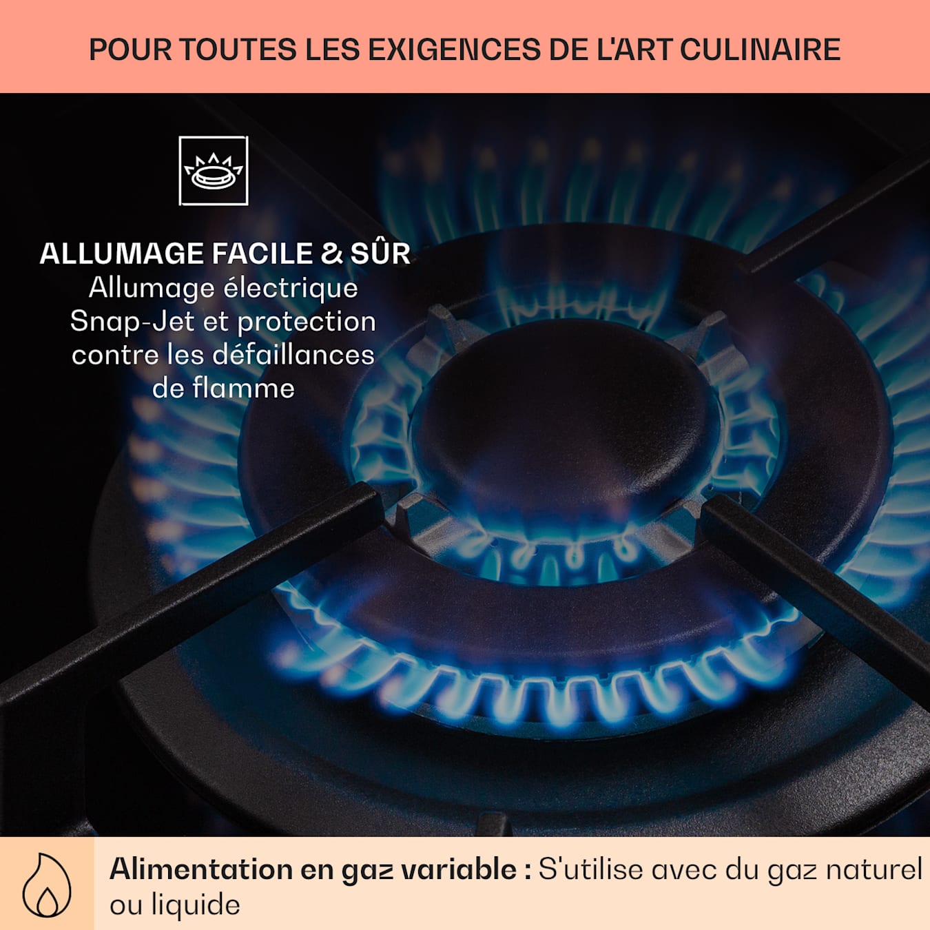 Plaque de cuisson à gaz Alchemist 3, 3 brûleurs, autonome, 60 cm, encastrée, brûleur en aluminium, gaz naturel/gaz butane, protection  contre la défaillance de la flamme