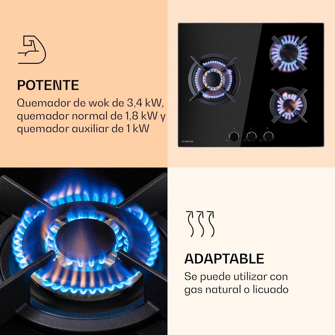 Goldflame 3 Placa de gas, 3 quemadores, Autosuficiente, 60 cm (B), Empotrable, Quemadores de latón, Gas natural/propano, Válvula de  seguridad, Protección contra el fallo de llamas