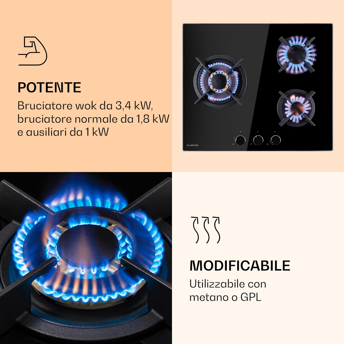 Goldflame 3 Piano cottura a gas, a 3 fuochi, indipendente, 60 cm (B), Da incasso, Bruciatori in ottone, Metano/Propano, Valvole di sicurezza, Protezione anti-spegnimento della fiamma