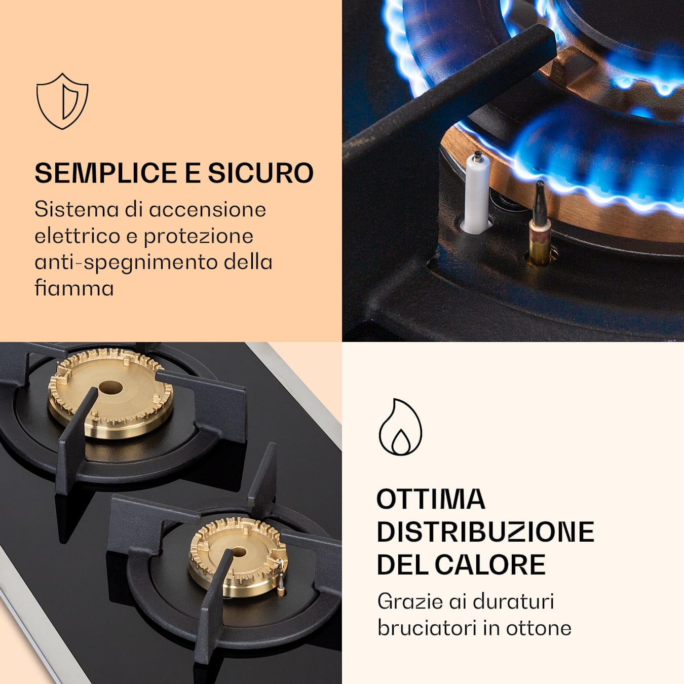 Piano Cottura 30 cm Vetro Nero Fornello da 2 Fuochi a Gas Incasso Gas  NG/LPG IT