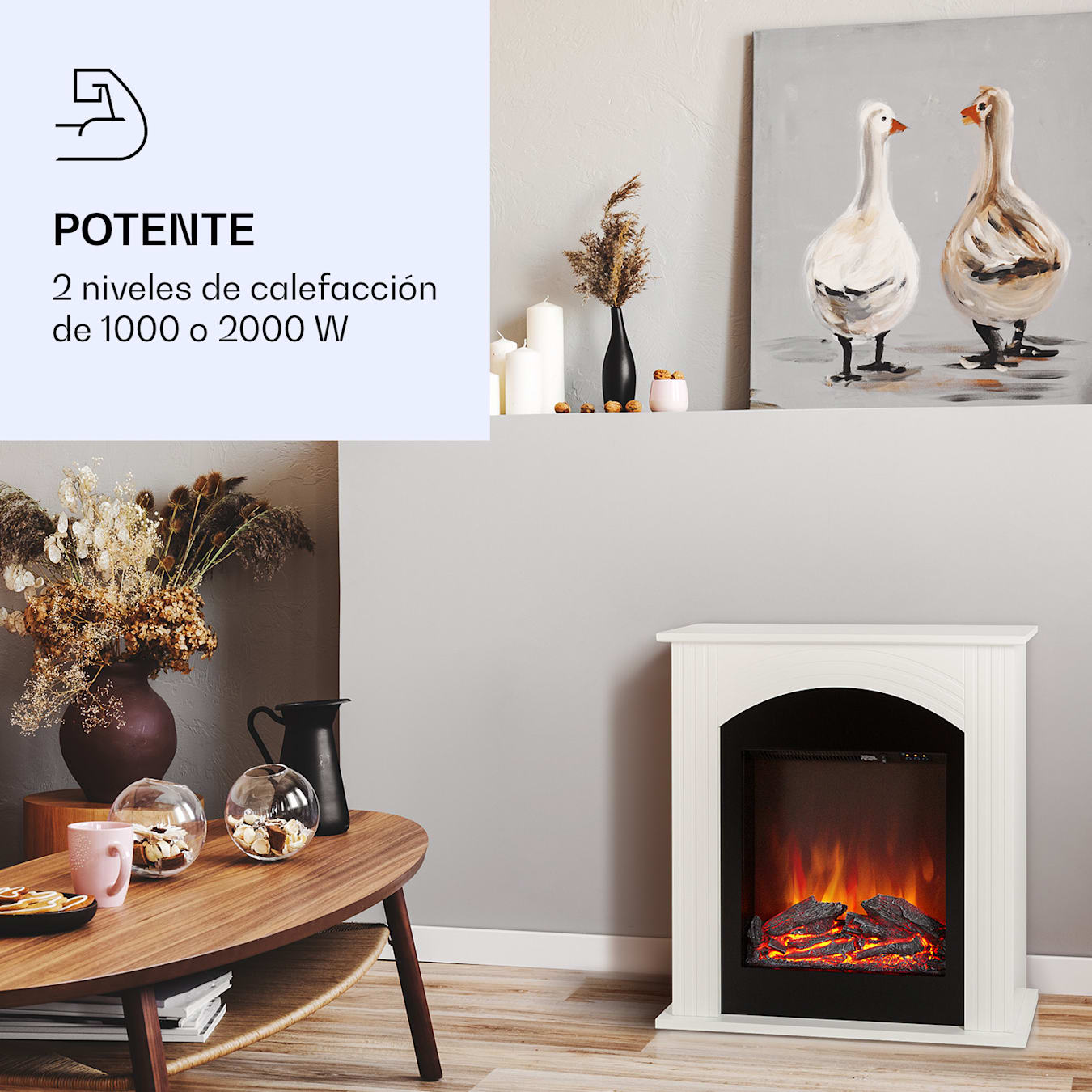 Chimenea eléctrica Elbrus, 1000/2000 W, ilusión de llama realista, 2  niveles de calefacción, tecnología LED, mando a distancia, temporizador, calefacción conmutable