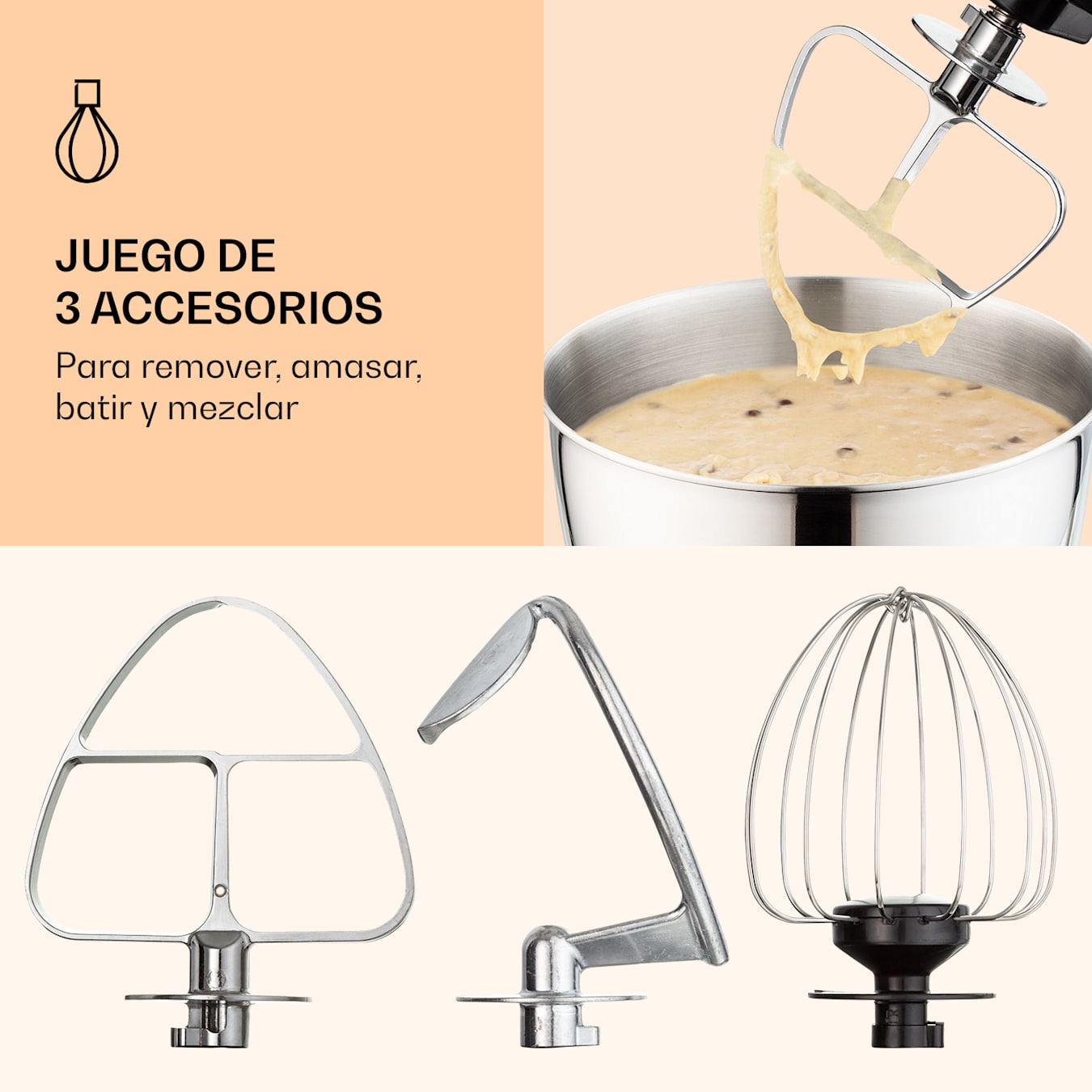 Mini batidora Bella, gancho de amasar, gancho de batir y batidor, 1200 W, 6 niveles de potencia más función de pulso, bol de acero inoxidable de 4  litros, carcasa: plástico ABS