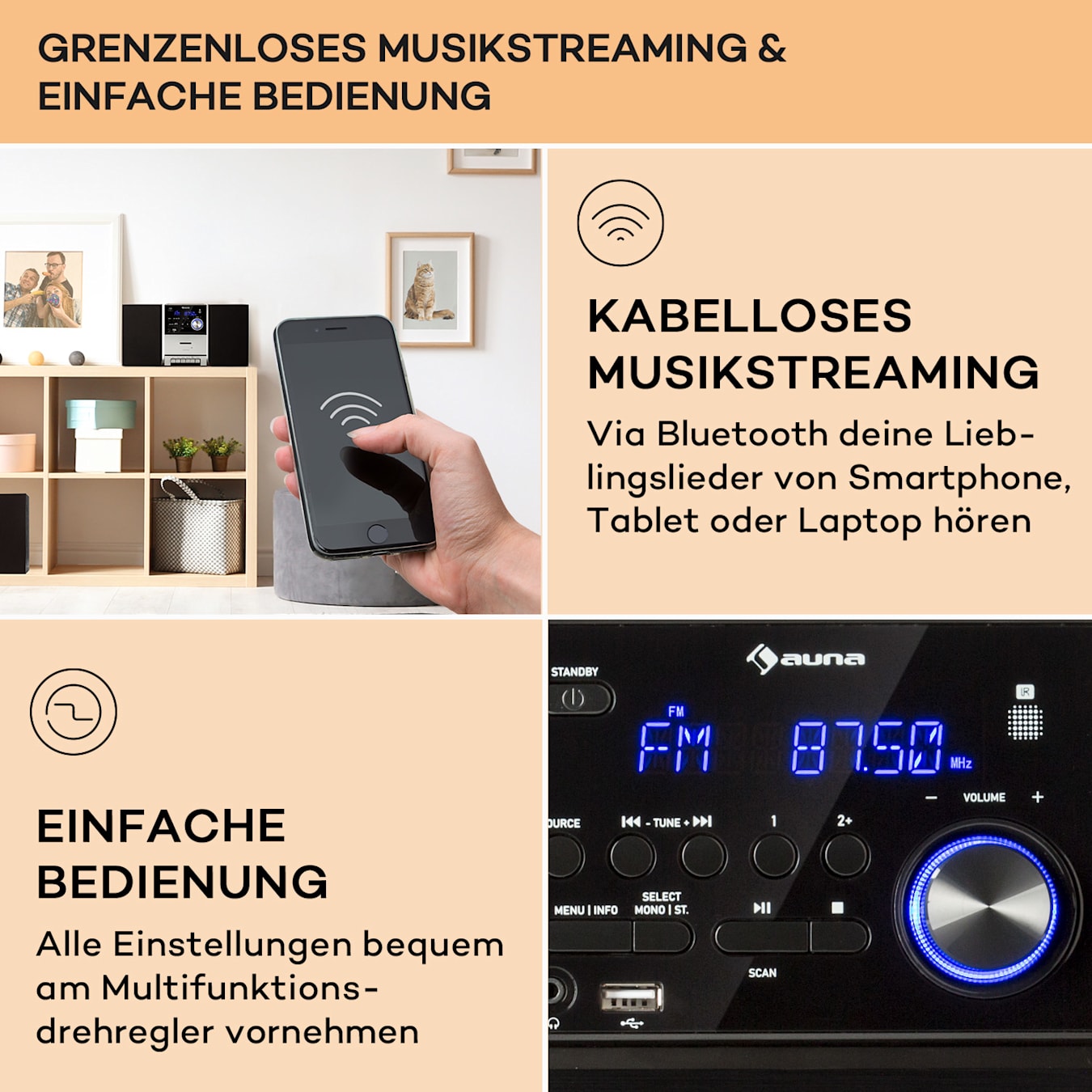 MC-40 DAB Stereoanlage, CD-Player, Kassettendeck, Bluetooth-Funktion, UKW/DAB+ Radio, LCD-Display, USB-Port, frontseitiger  3,5-mm-Kopfhörerausgang