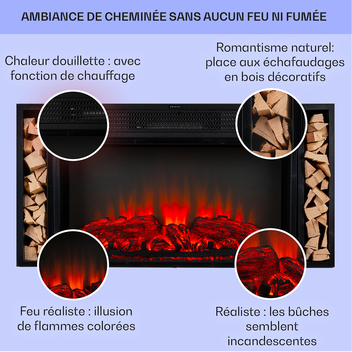 Cheminée électrique Villarrica, Cheminée murale & encastrée, 950 / 1900 W, jusqu'à 38 m², illusion de flamme réaliste, 2 niveaux de chauffage, Technologie LED, Télécommande