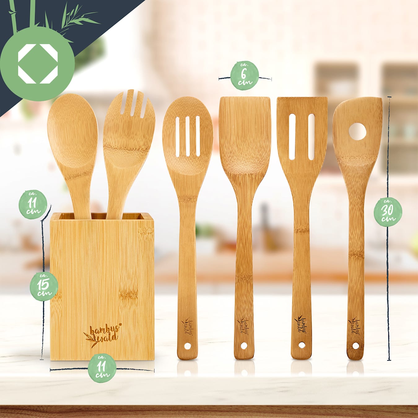 Set di utensili da cucina con contenitore di stoccaggio set da 6  sostenibile leggero bambù