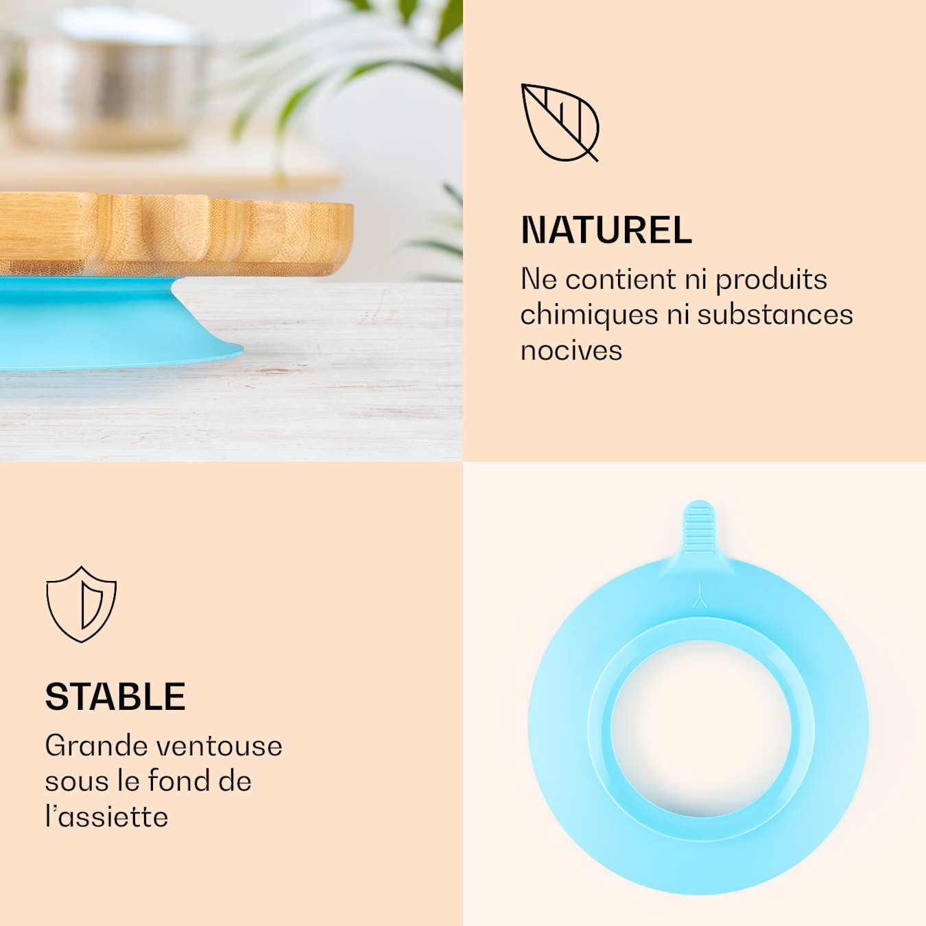 Vaisselle pour enfants éléphant, assiette et cuillère en bambou, couverts  d'apprentissage assiettes avec compartiment, avec ventouse, bambou :  style assiette et cuillère l'éléphant