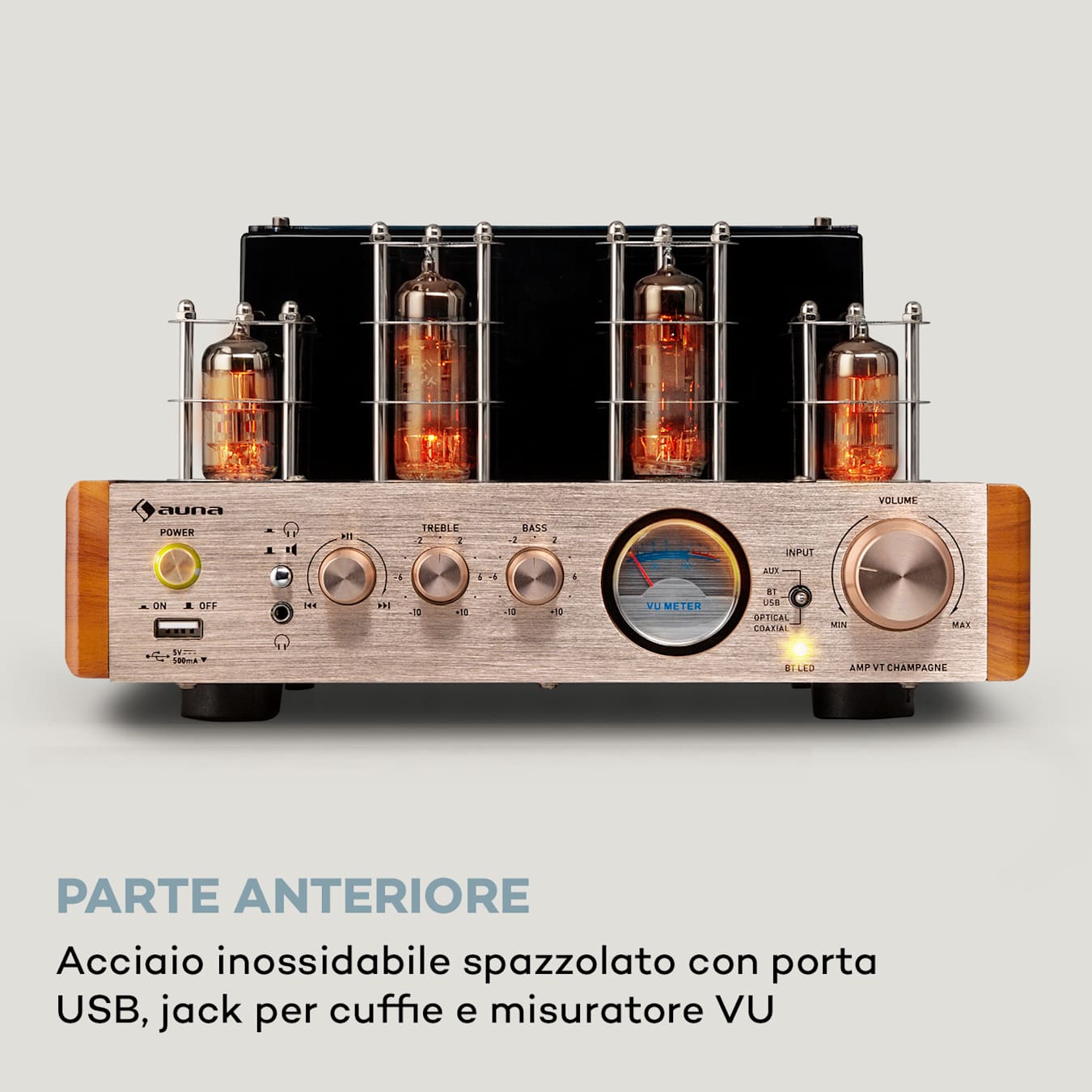 Amp VT - Amplificatore valvolare, amplificatore Hi-Fi, Potenza di uscita:  4 x 35 watt RMS, Bluetooth, Impedenza: 4 Ohm, Ingressi ottico e  coassiale, Porta USB, VU-Meter, AUX-In