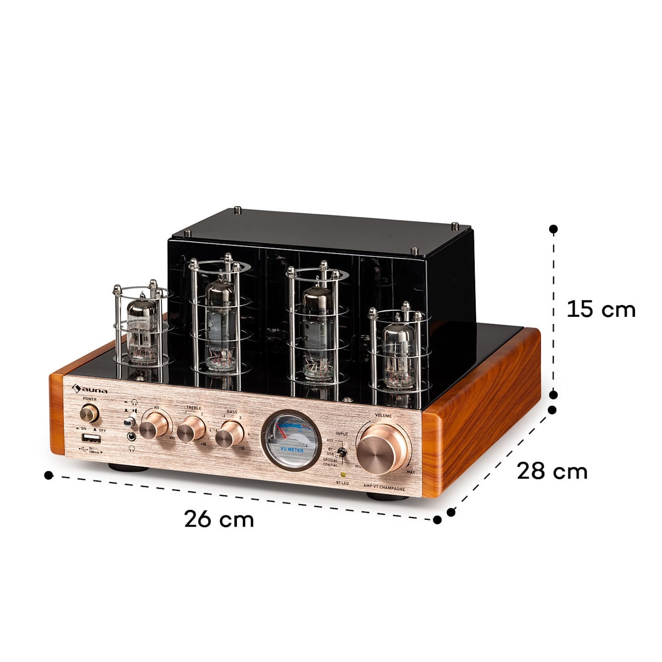 Amp VT - Amplificatore valvolare, amplificatore Hi-Fi, Potenza di uscita: 4  x 35 watt RMS, Bluetooth, Impedenza: 4 Ohm, Ingressi ottico e coassiale, Porta USB, VU-Meter, AUX-In