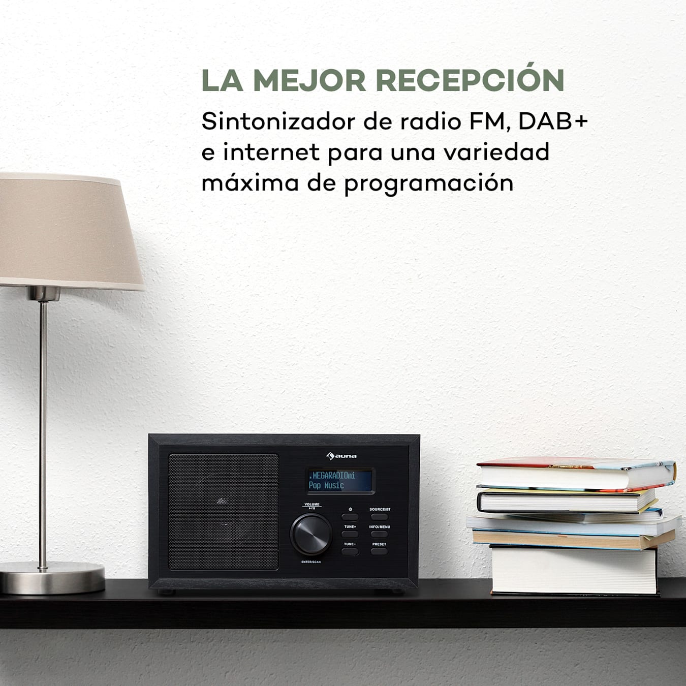 Ambient Radio DAB+/FM, Retransmisión Bluetooth: versión 5.0 con soporte  A2DP, Sintonizadores de radio: DAB/DAB+/FM, Pantalla LCD, Entrada AUX, Salida de auriculares