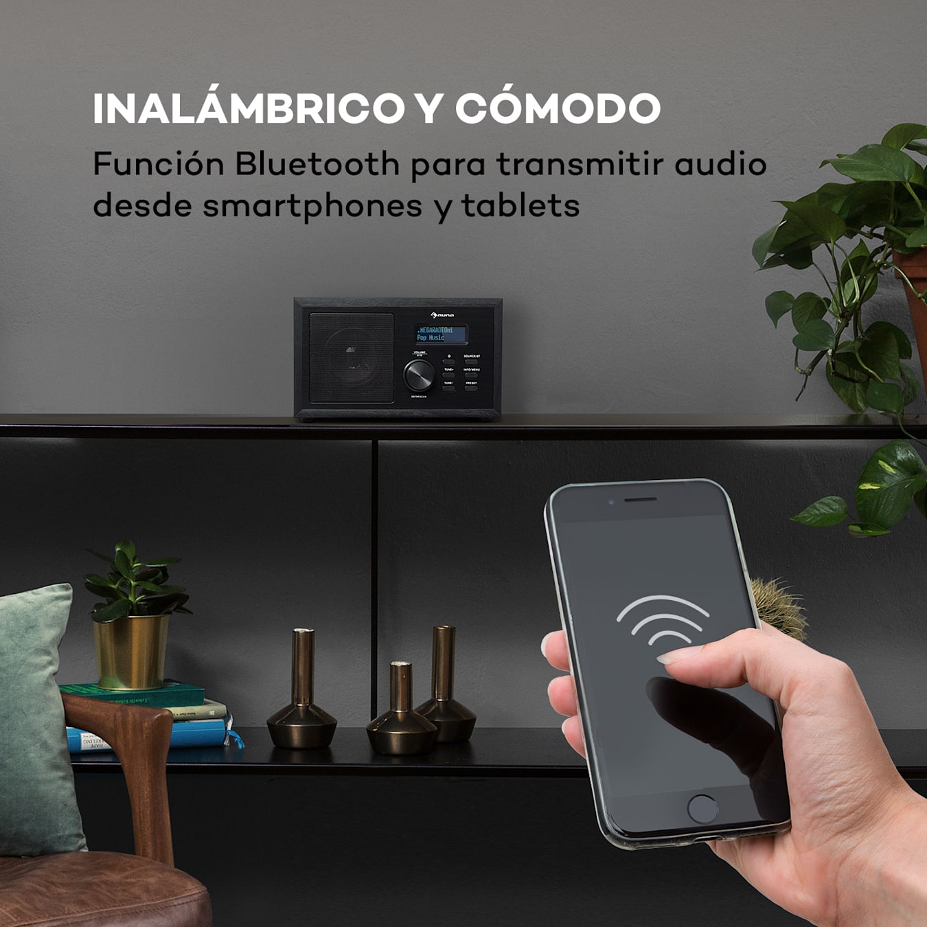 Ambient Radio DAB+/FM, Retransmisión Bluetooth: versión 5.0 con soporte  A2DP, Sintonizadores de radio: DAB/DAB+/FM, Pantalla LCD, Entrada AUX, Salida de auriculares