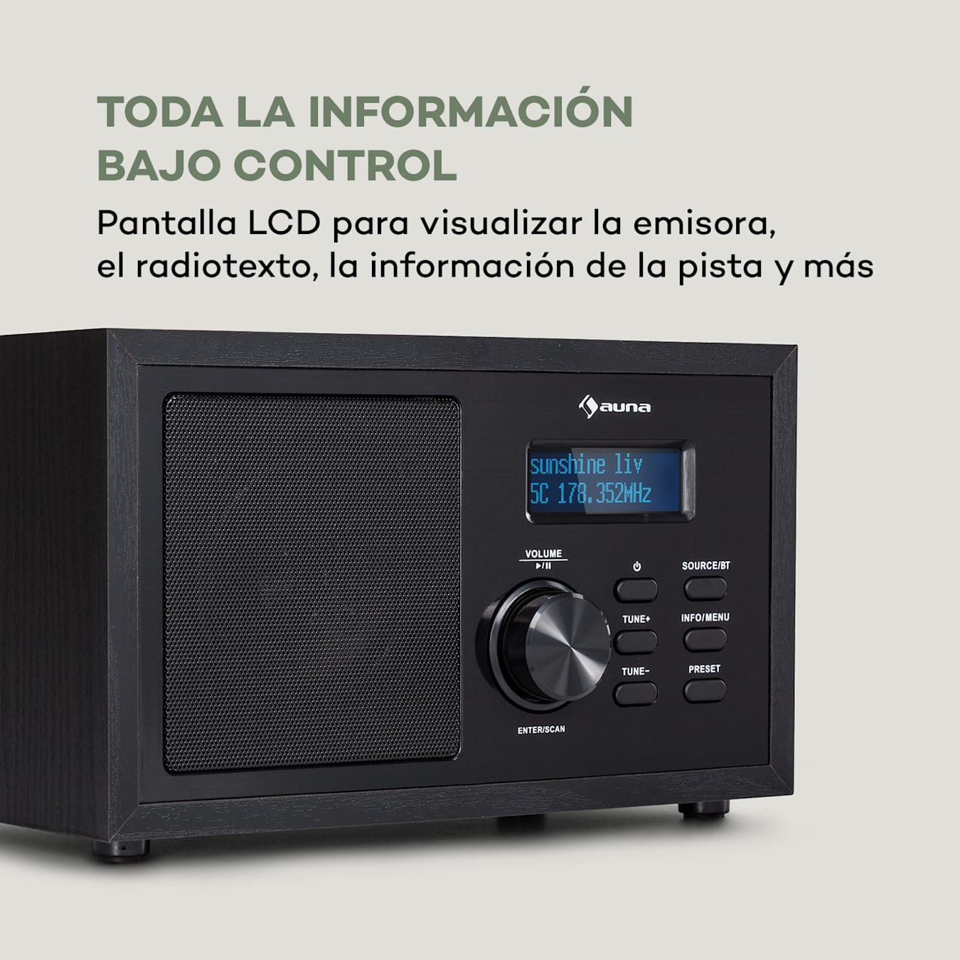 Ambient Radio DAB+/FM, Retransmisión Bluetooth: versión 5.0 con soporte  A2DP, Sintonizadores de radio: DAB/DAB+/FM, Pantalla LCD, Entrada AUX, Salida de auriculares