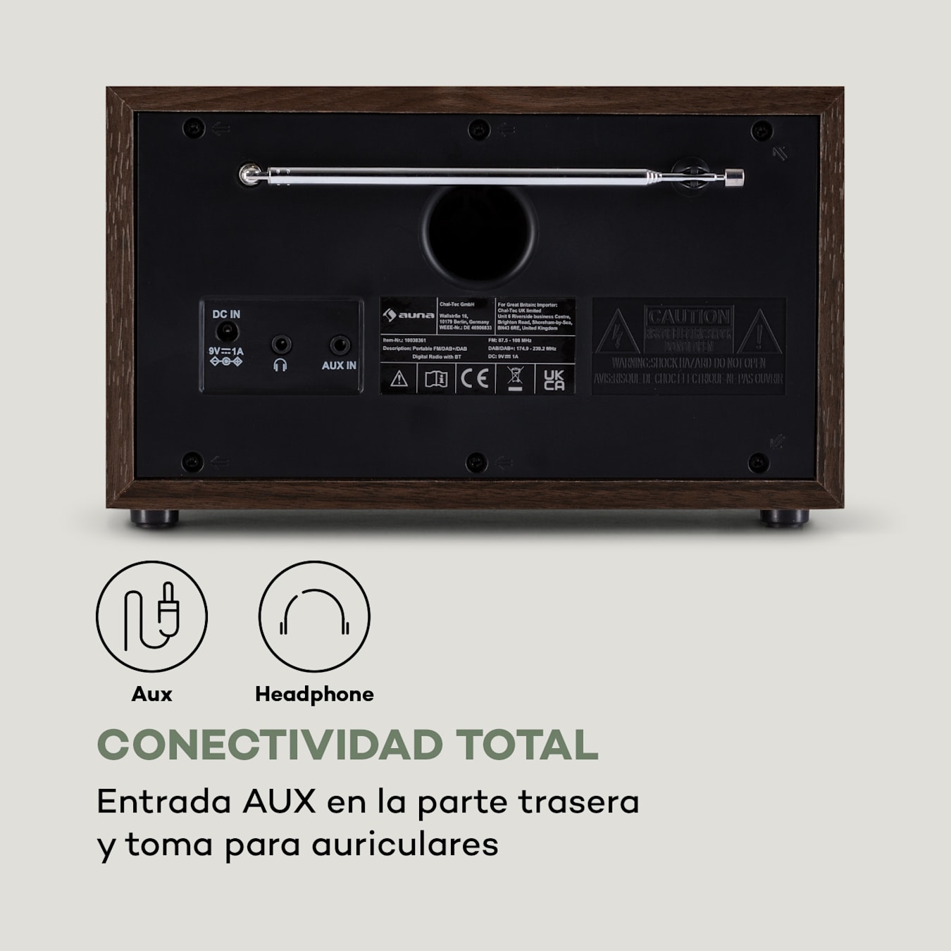 Ambient Radio DAB+/FM, Retransmisión Bluetooth: versión 5.0 con soporte  A2DP, Sintonizadores de radio: DAB/DAB+/FM, Pantalla LCD, Entrada AUX, Salida de auriculares