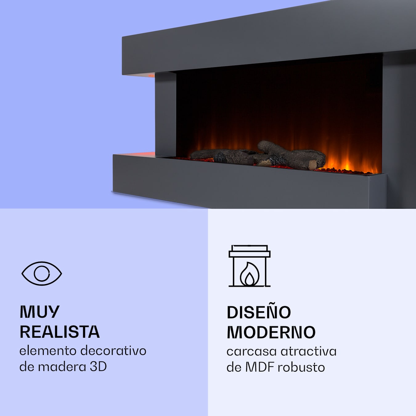 Las Pilas Chimenea eléctrica, 900/1800 W, Wifi, Control por app, Calefacción conmutable, 2 niveles de potencia, 9 niveles de luminosidad, 18-30 °C, Termostato, Temporizador semanal