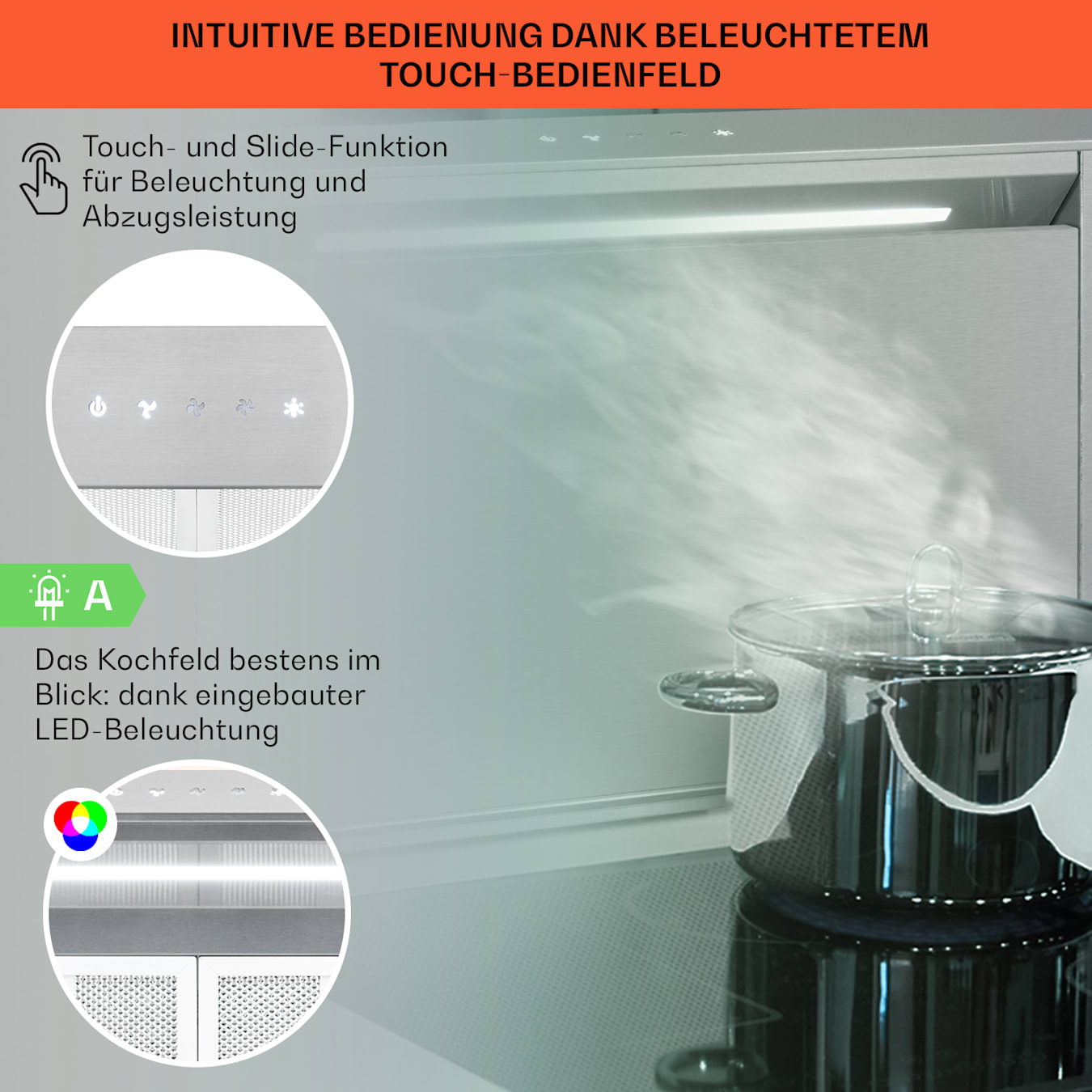 Royal Flush Eco Downdraft Cappa aspirante 60 cm, Cappa aspirante  estraibile da tavolo e piano di lavoro, Prestazione aria di scarico: max. 576  m³/h, Classe di efficienza energetica A+