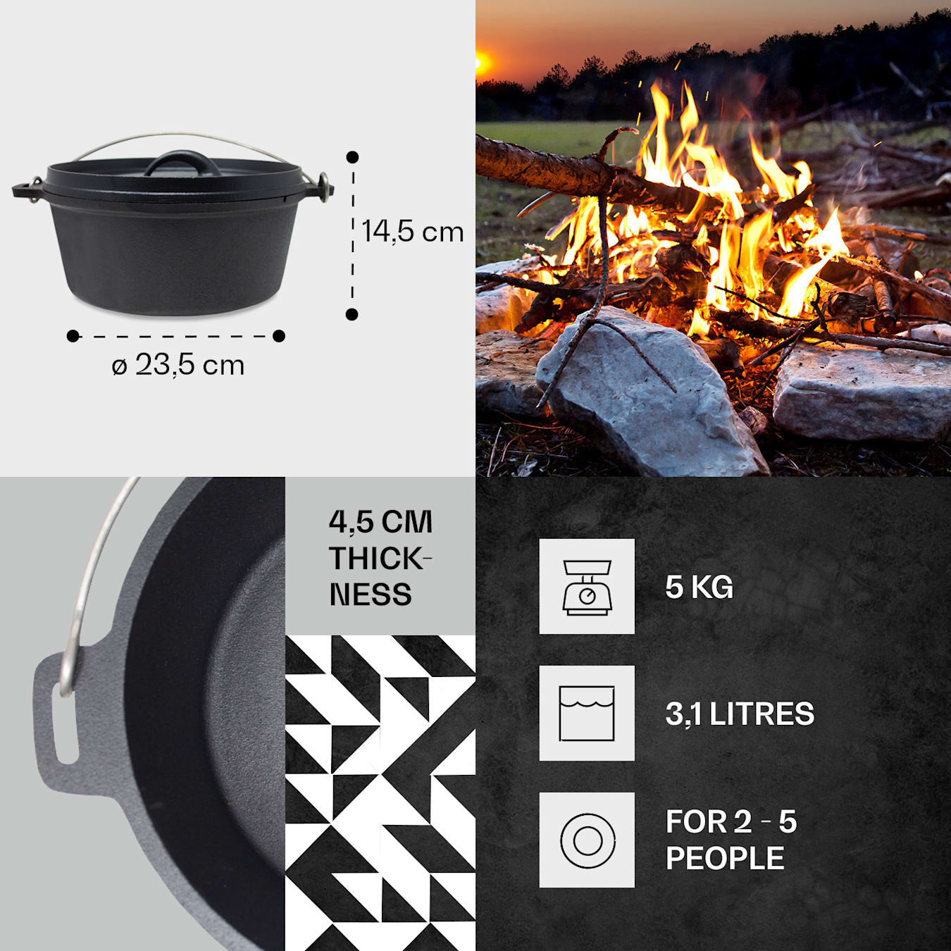 Galloway Dutch Oven 4.5 ca. Cast | lifter size | S: Iron litres lid / 4.5 without / feet and 4,2 with | 4,5 Ltr lid qt pre-fired qt | stand Pot 3.7