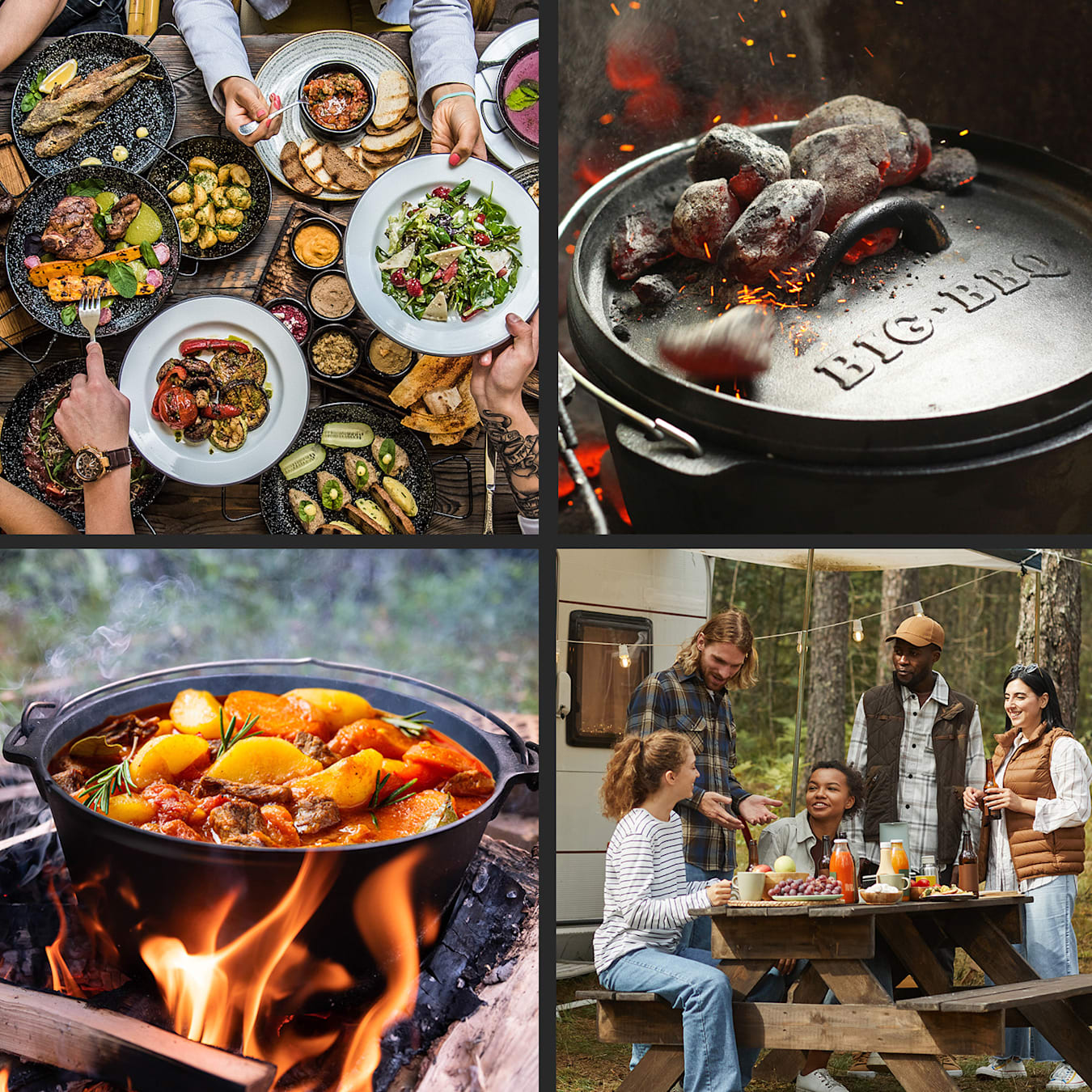 BBQ-Toro 6-piece dutch oven set in wooden box, cast iron, pre-seasoned,  with cooking pot, saucepan, grill rack, tripod a…