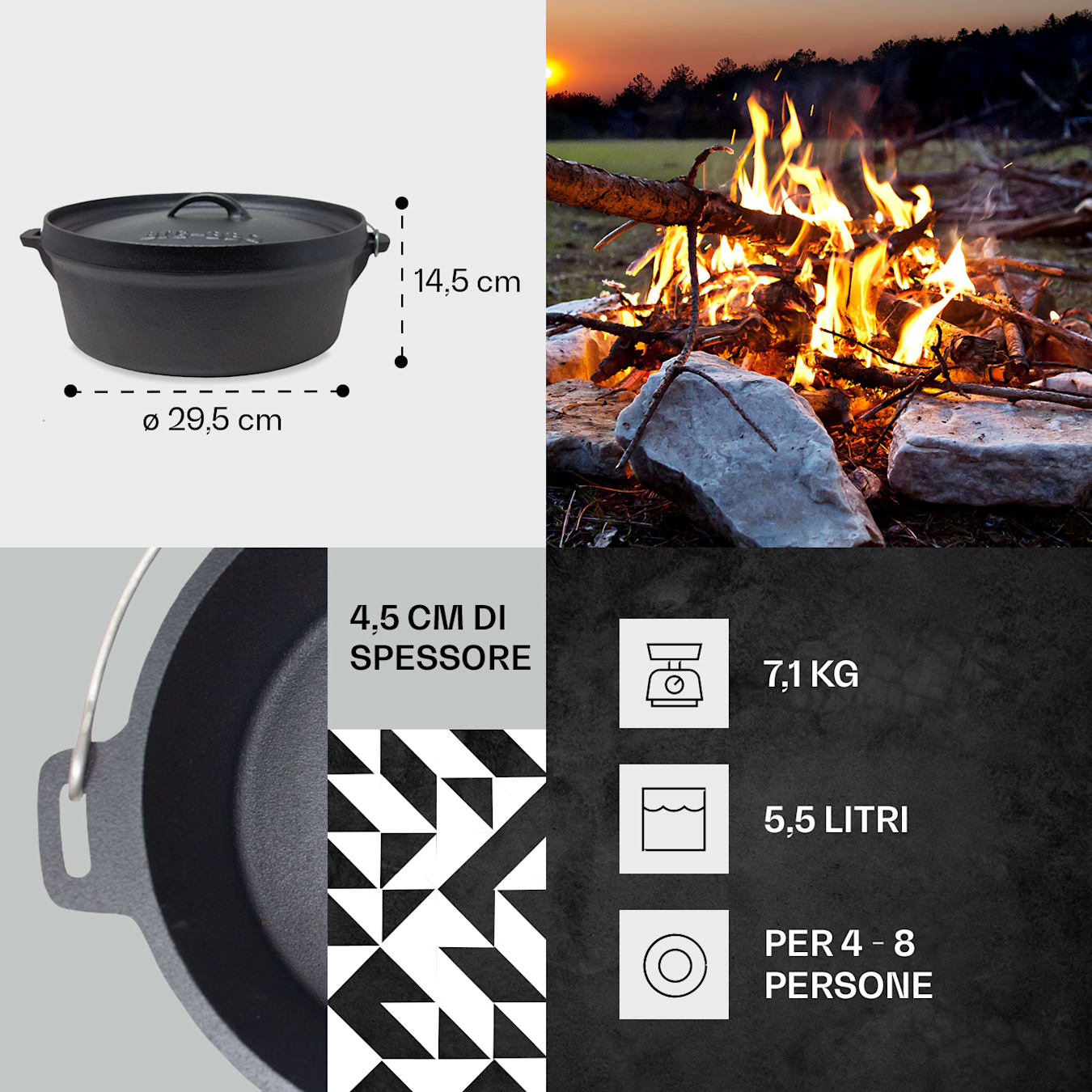 Galloway - Dutch oven 6.0, pentola in ghisa, Pretrattata, Con leva per  sollevare il coperchio e apposito supporto, Misura M: 6 qt/5,7 litri ca.  5,6 Ltr / 6 qt