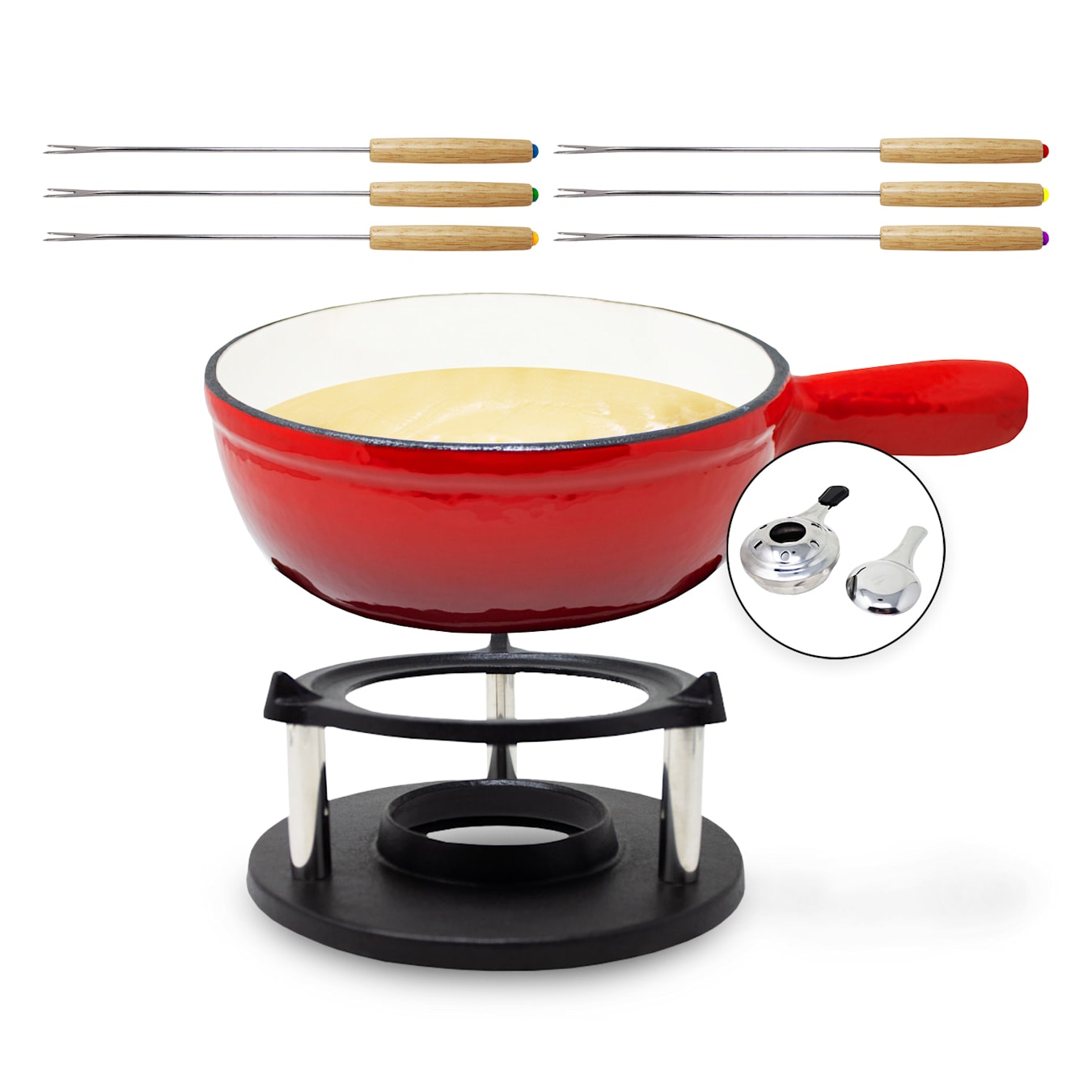 Holsten Fondue Caquelon | Fondueset: pan, stoof, brander en 6 vorken | 2-6 personen | Voor kaas-, of chocoladefondue | inhoud: 1,5 l | Voor alle soorten fornuizen | gietijzer | geëmailleer Rood