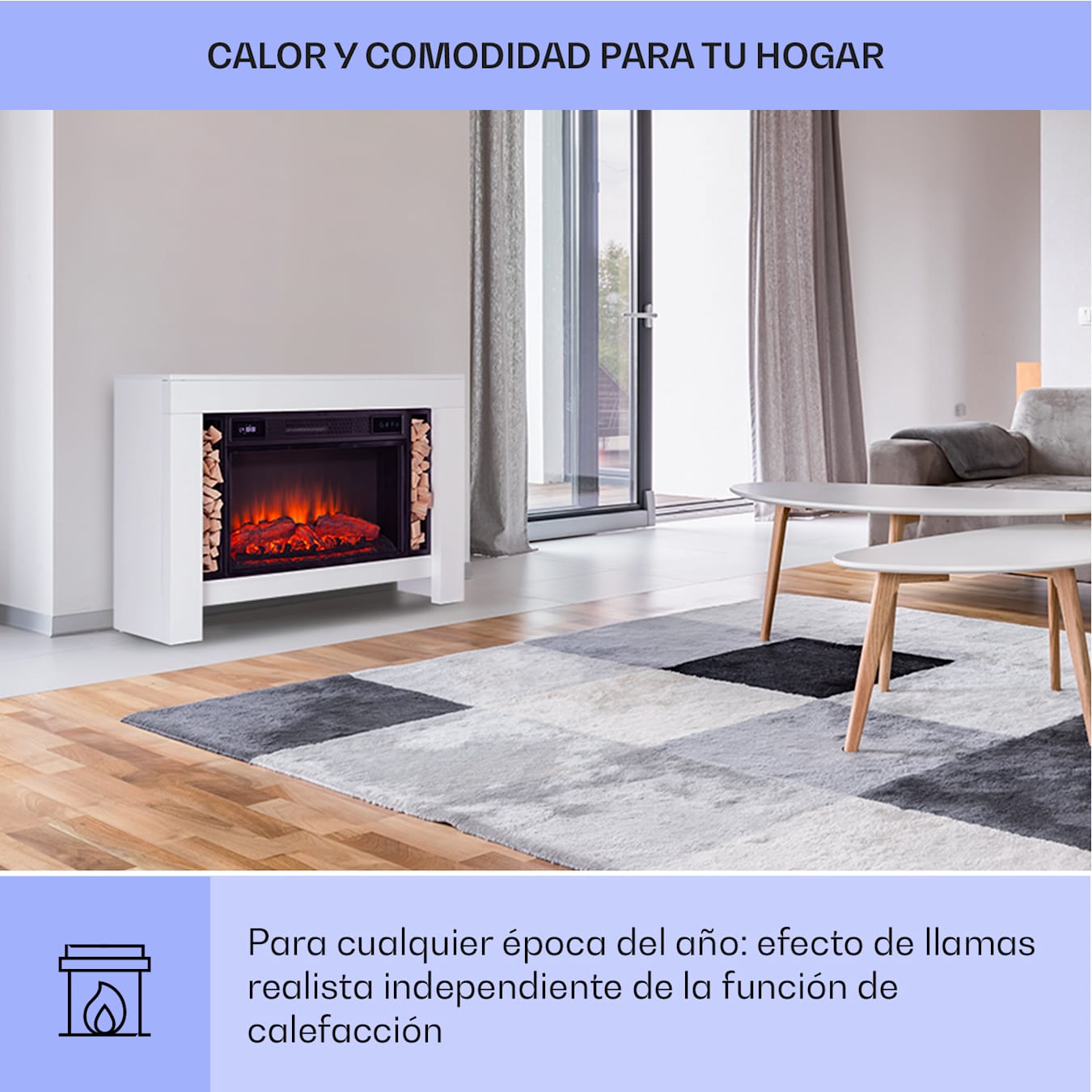 Chimenea eléctrica LED inteligente con carcasa blanca: una pequeña