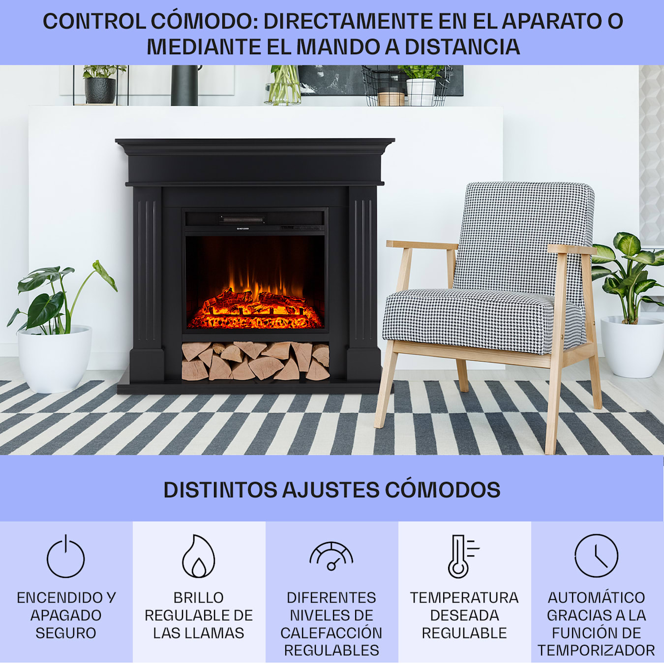 Las Pilas Chimenea eléctrica, 900/1800 W, Wifi, Control por app, Calefacción conmutable, 2 niveles de potencia, 9 niveles de luminosidad, 18-30 °C, Termostato, Temporizador semanal