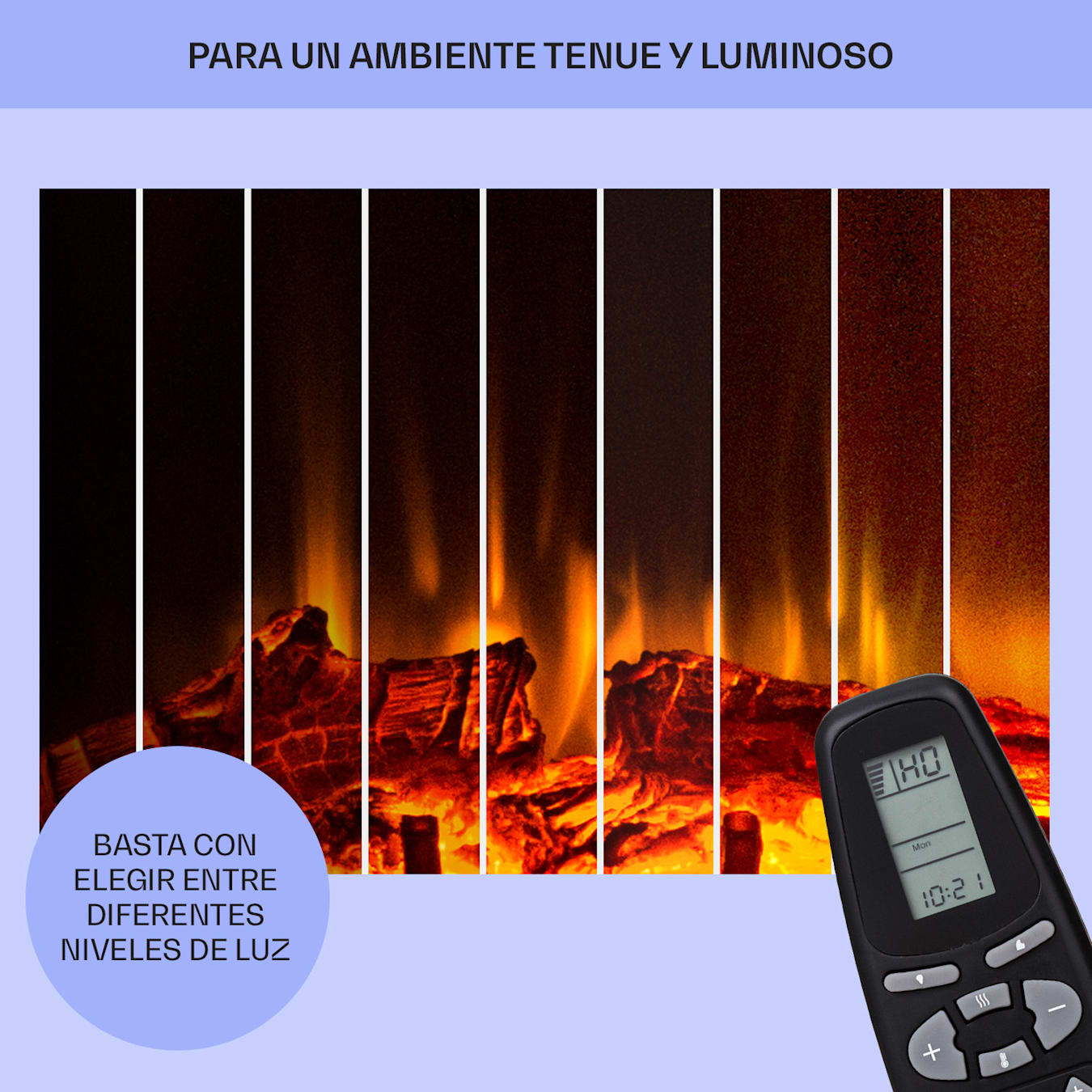 Las Pilas Chimenea eléctrica, 900/1800 W, Wifi, Control por app, Calefacción conmutable, 2 niveles de potencia, 9 niveles de luminosidad, 18-30 °C, Termostato, Temporizador semanal