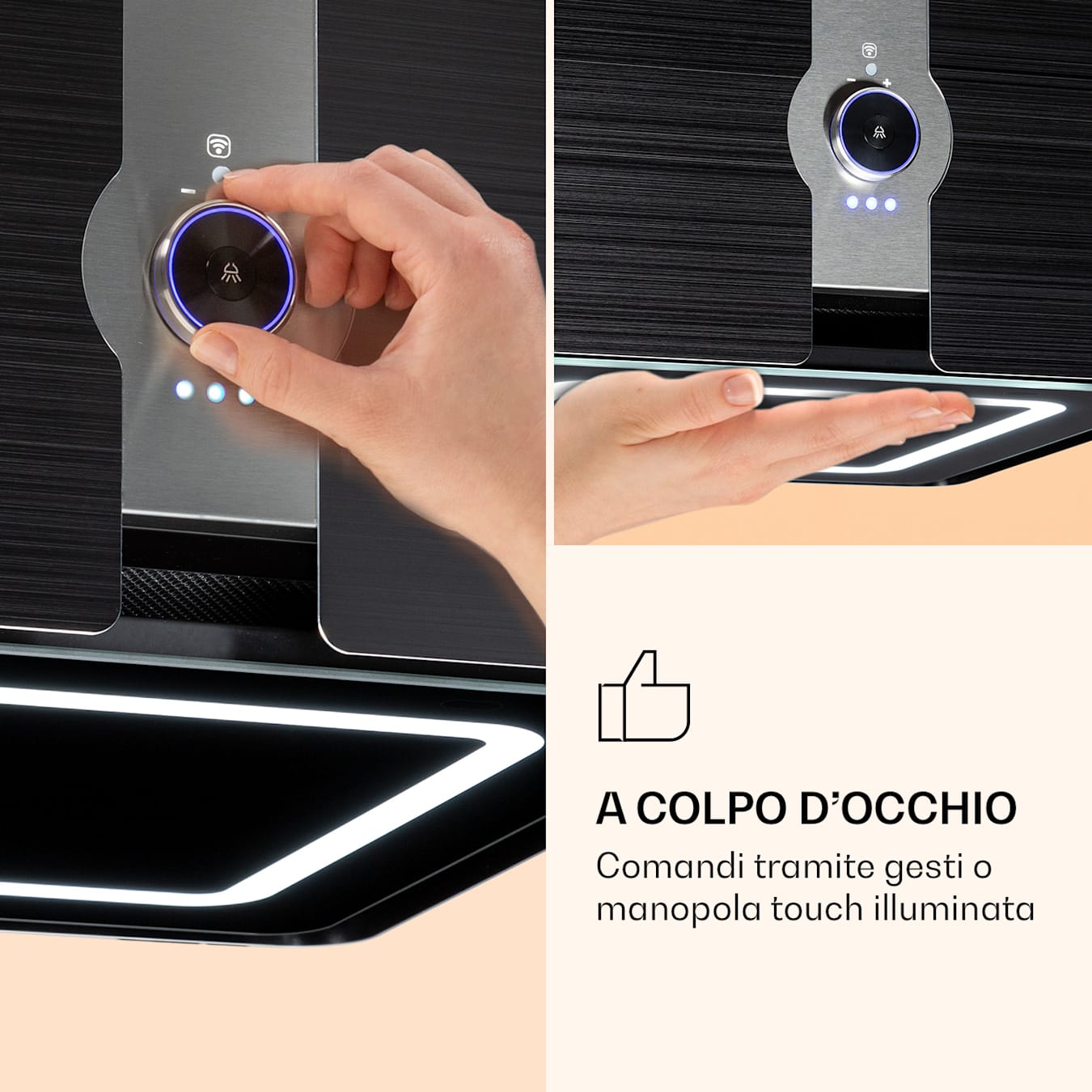 Futurelight Smart - Cappa aspirante a isola, Controllo con app/controllo  gestuale, Sospesa, Ricircolo, 3 livelli, 420 m³/ora, 200 W, Filtro  antigrasso in alluminio e 2 filtri ai carboni attivi