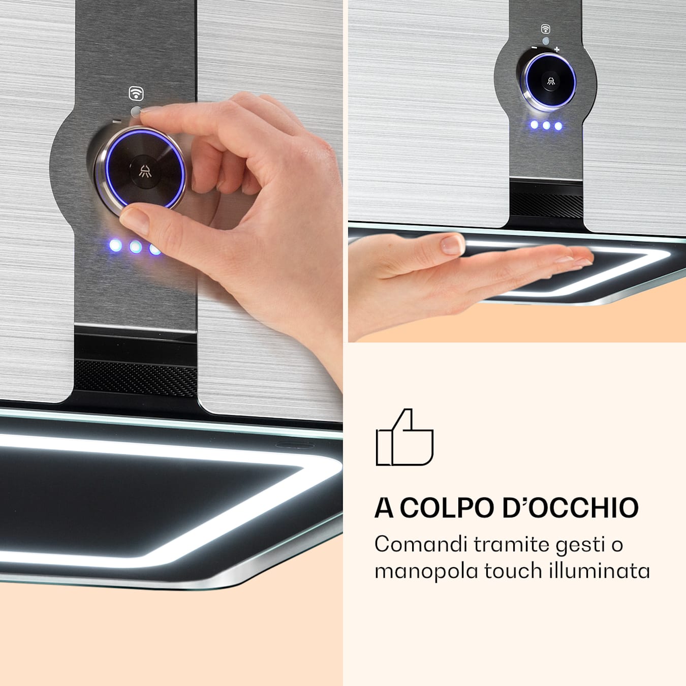 Futurelight Smart - Cappa aspirante a isola, Controllo con app/controllo  gestuale, Sospesa, Ricircolo, 3 livelli, 420 m³/ora, 200 W, Filtro  antigrasso in alluminio e 2 filtri ai carboni attivi