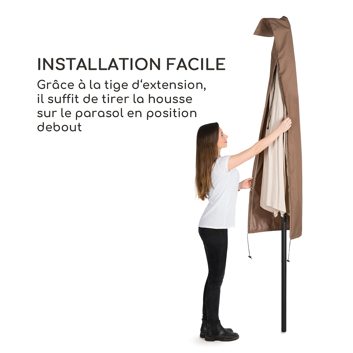 Shield Premium housse de protection pour parasols, pour parasols jusqu'à Ø  300 cm, extra hydrofuge, résistant aux UV, matériau : polyester, avec  barre de fixation pratique, avec fermeture éclair Premium