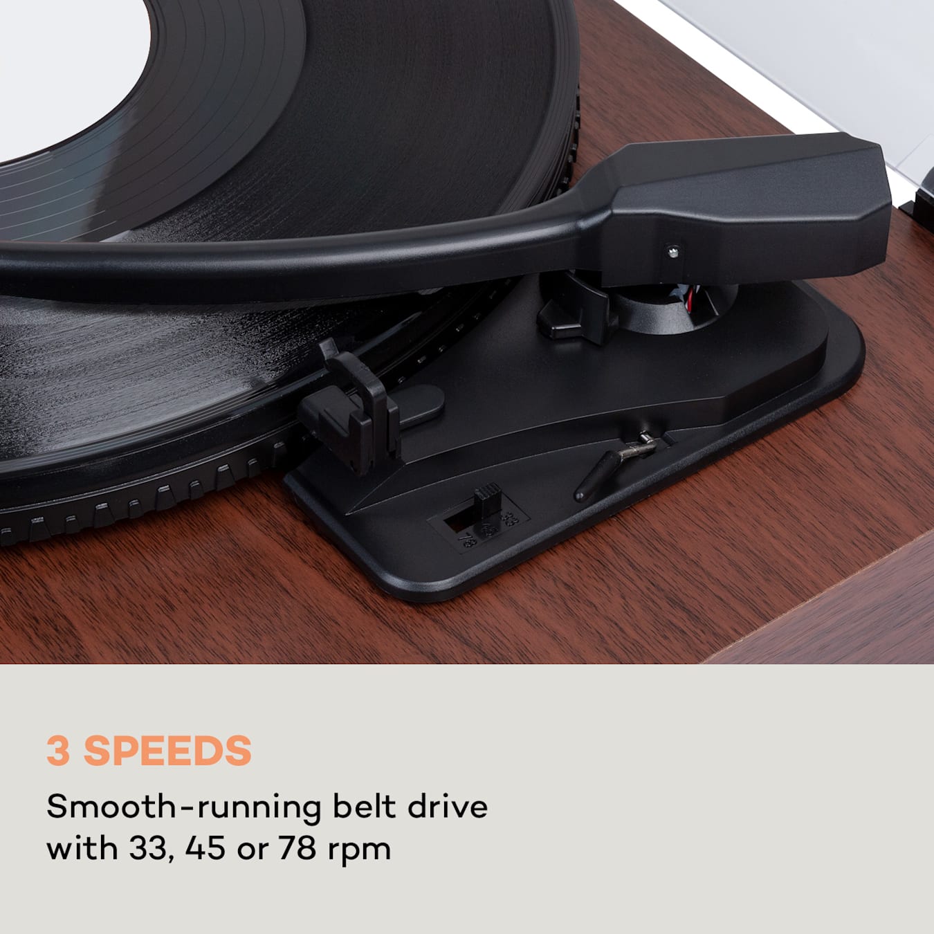 TT-Classic Light Record Player, Smooth-running belt drive, Bluetooth, 3  speeds: 33 / 45 / 78 rpm, Integrated stereo speakers, AUX input, RCA  line out, Dust cover, LED illumination