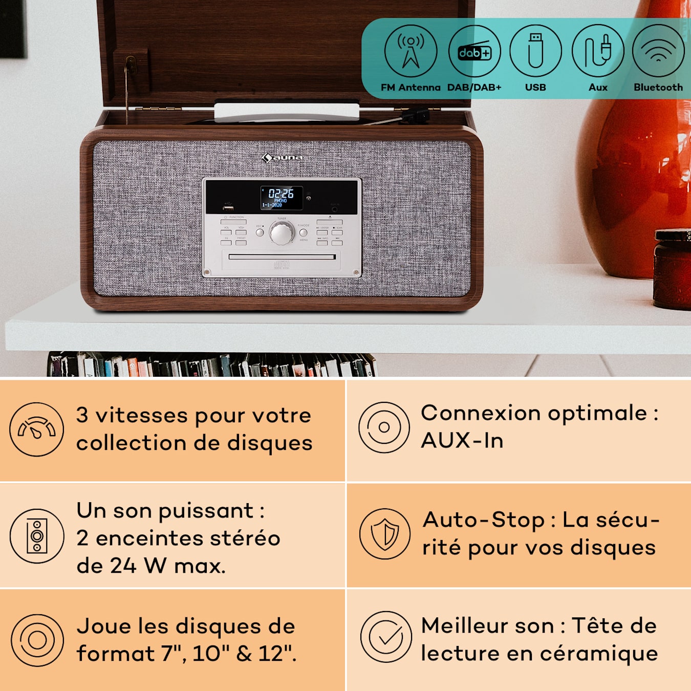 auna Sarah Ann Platine disque vinyle rétro Bluetooth USB SD 3 vitesses -  noir & Sans radio DAB + / FM